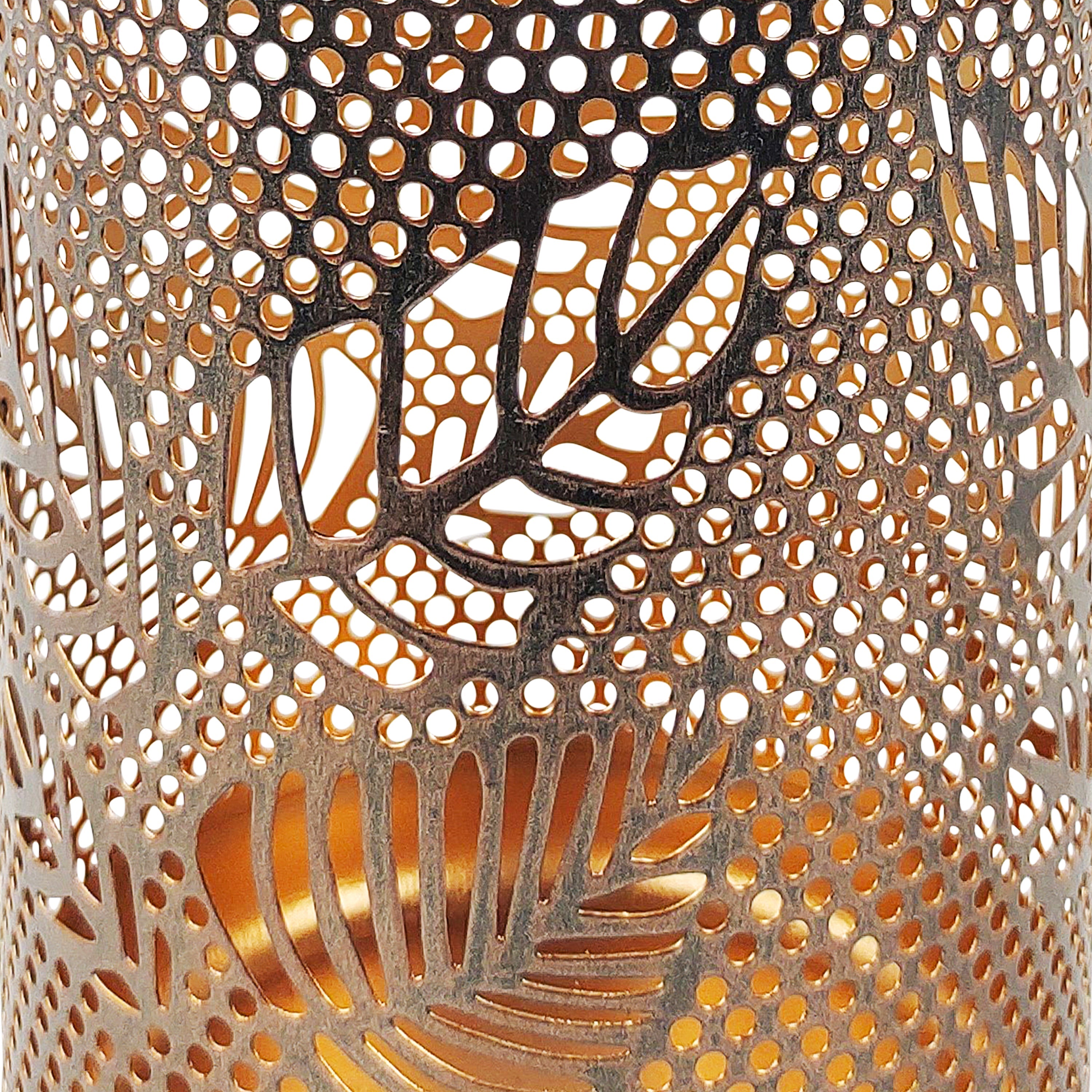 Close-up of the bronze hand-painted finish and berry leaf pattern.