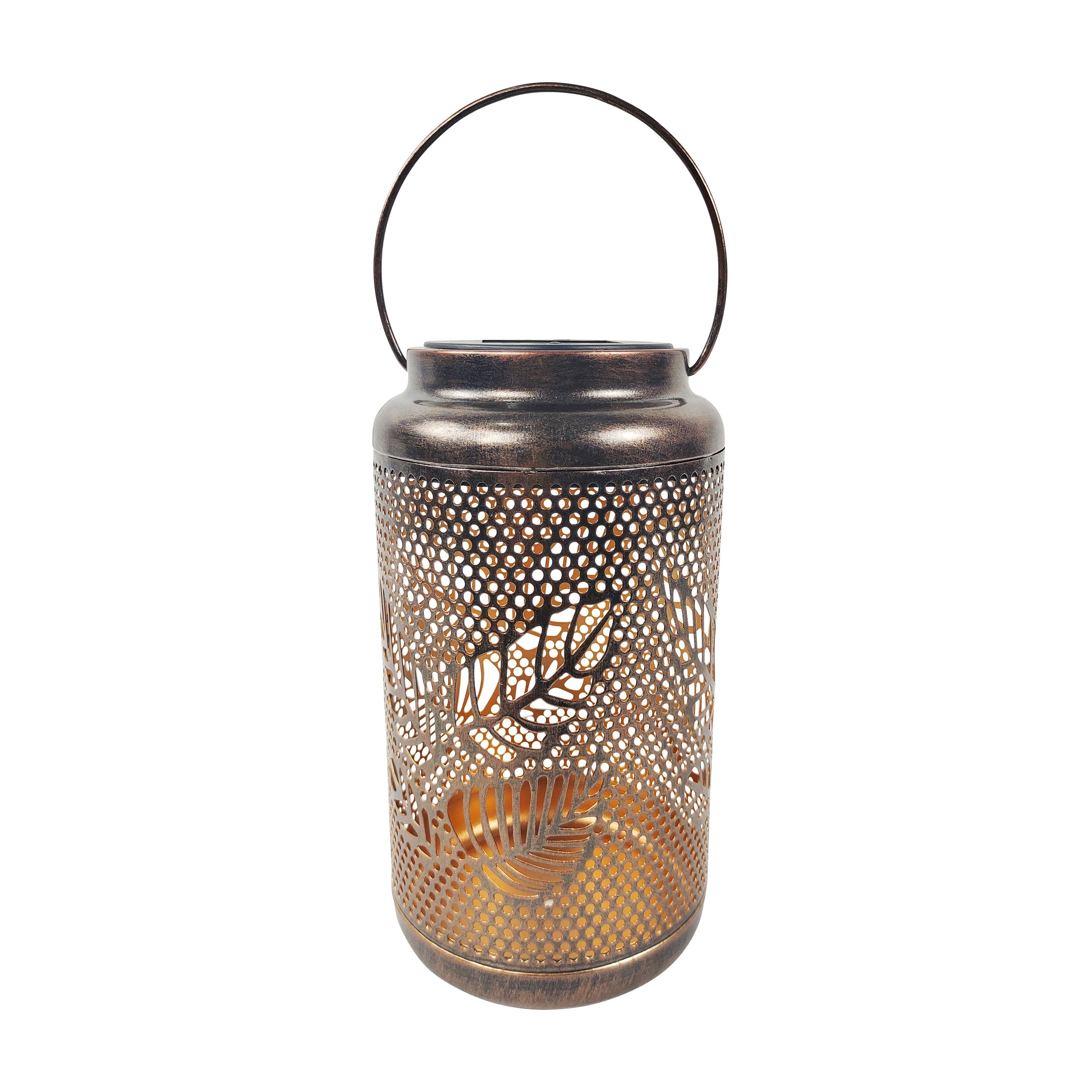 9-inch solar LED bronze lantern with berry leaf design.
