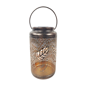 9-inch solar LED bronze lantern with berry leaf design.
