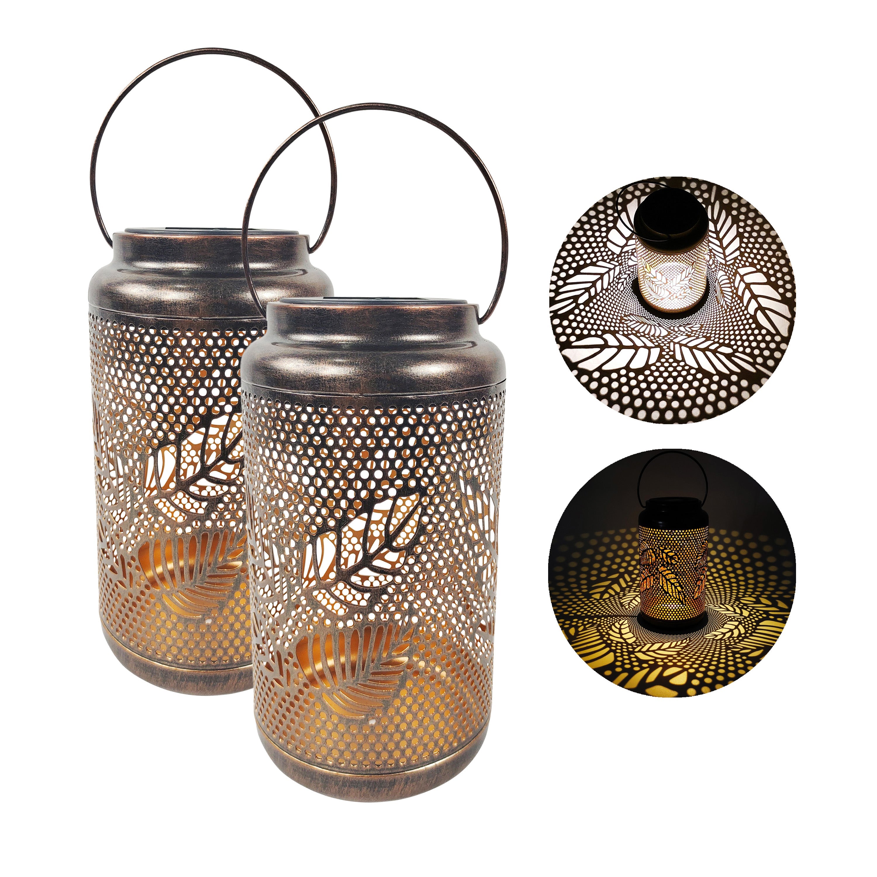 Bliss Outdoors set of 2 9-inch solar LED bronze lanterns with circled images on the right showing the light pattern.