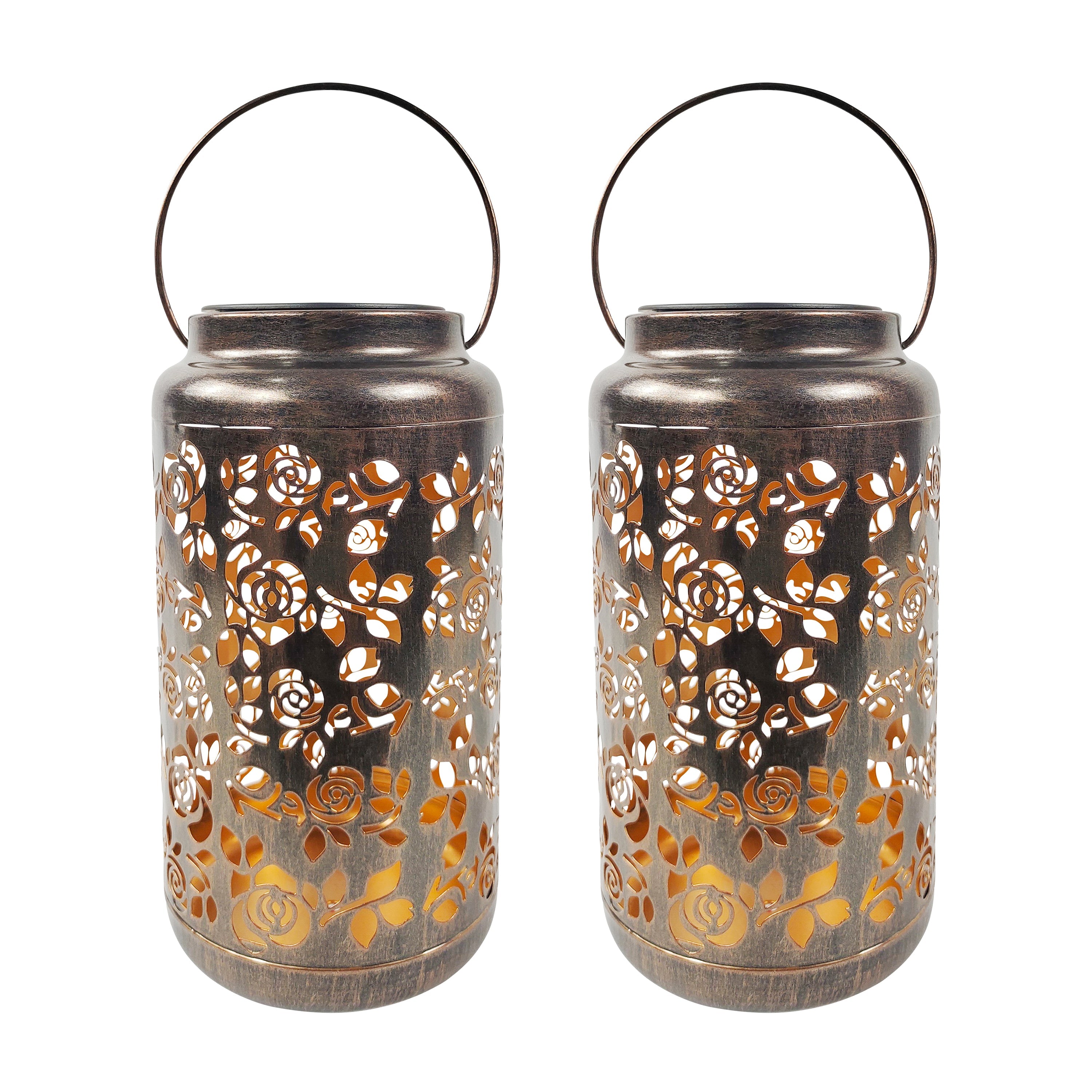 Bliss Outdoors Set of 2 9-inch Solar LED Bronze Lanterns with Rose Design.