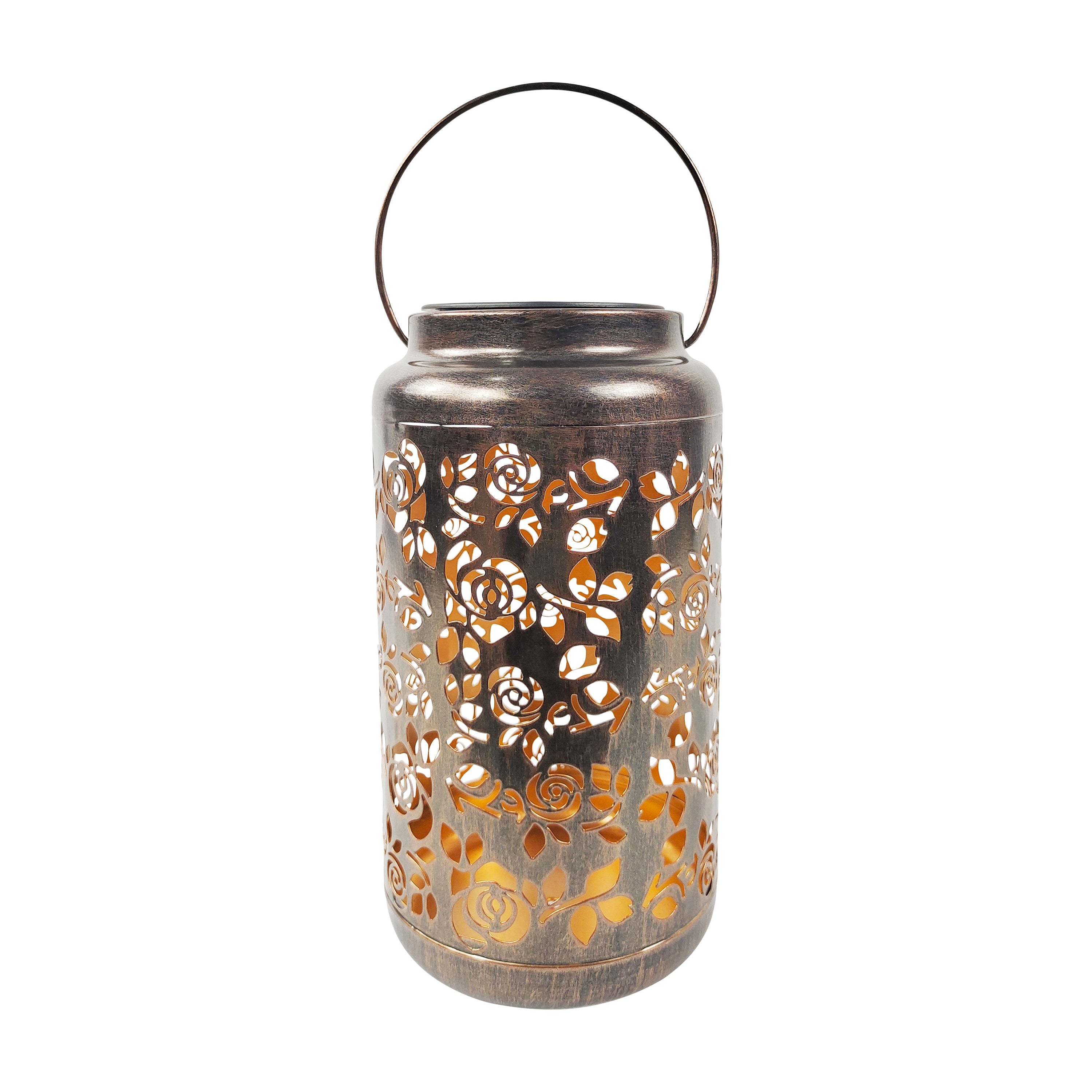 9-inch solar LED bronze lantern with rose design.