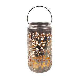 9-inch solar LED bronze lantern with rose design.