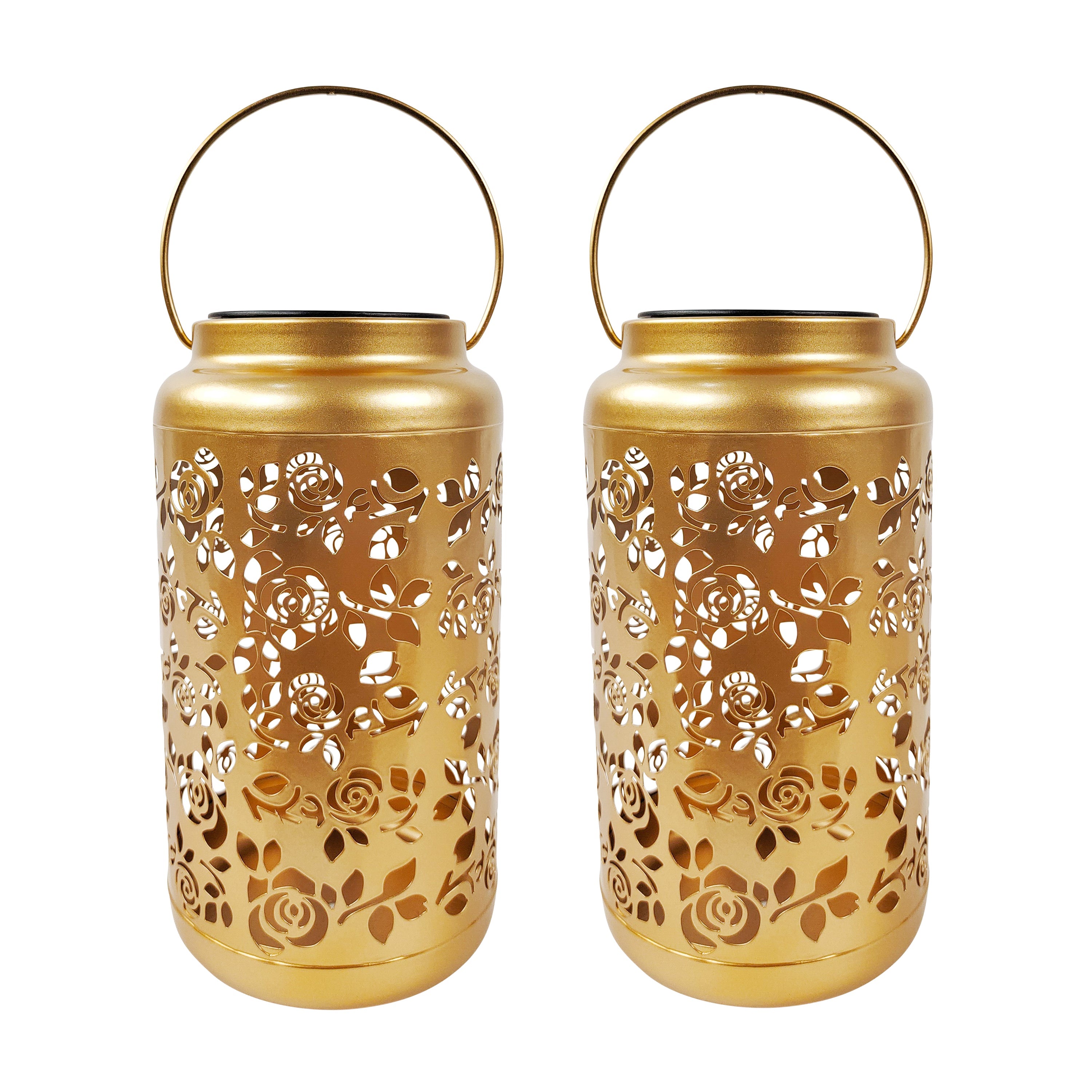 Bliss Outdoors Set of 2 9-inch Solar LED Gold Lanterns with Rose Design.