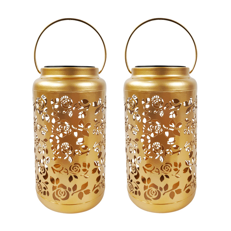 Bliss Outdoors Set of 2 9-inch Solar LED Gold Lanterns with Rose Design.