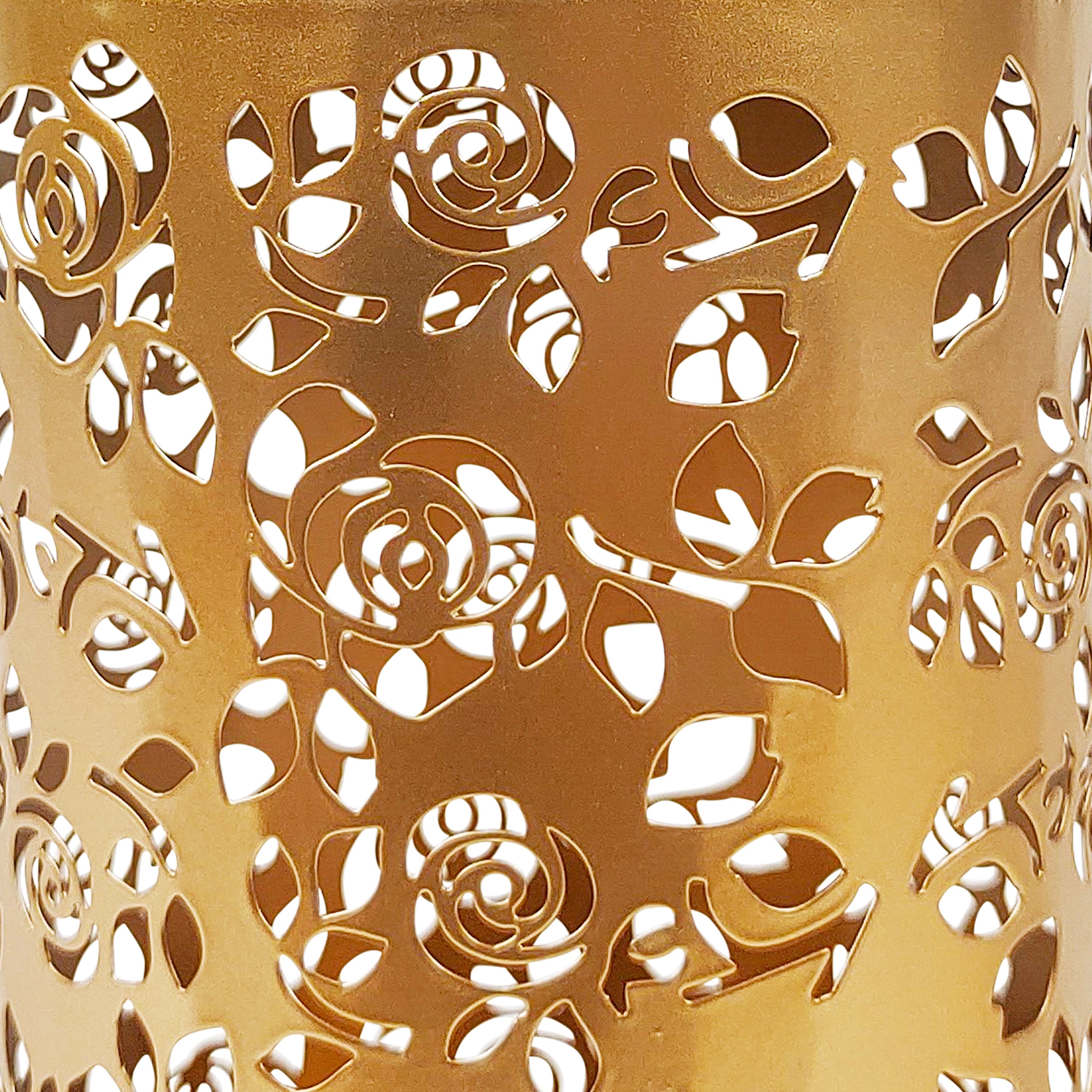 Close-up of the gold hand-painted finish and rose pattern.