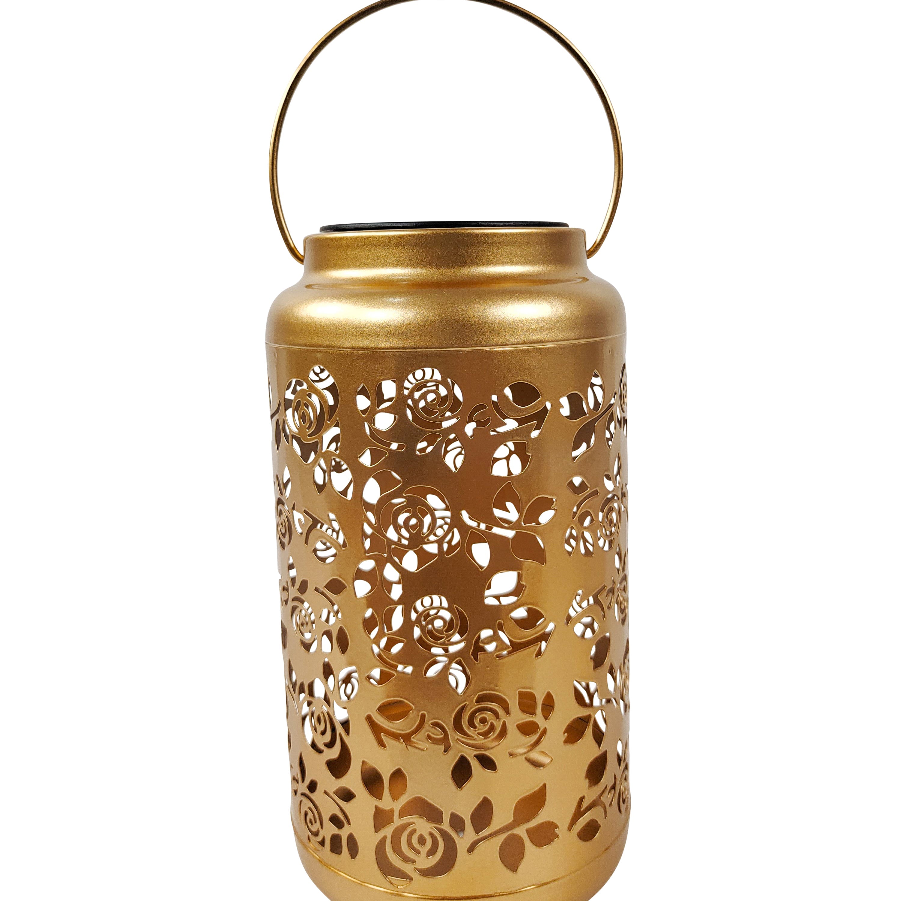 9-inch solar LED gold lantern with rose design.