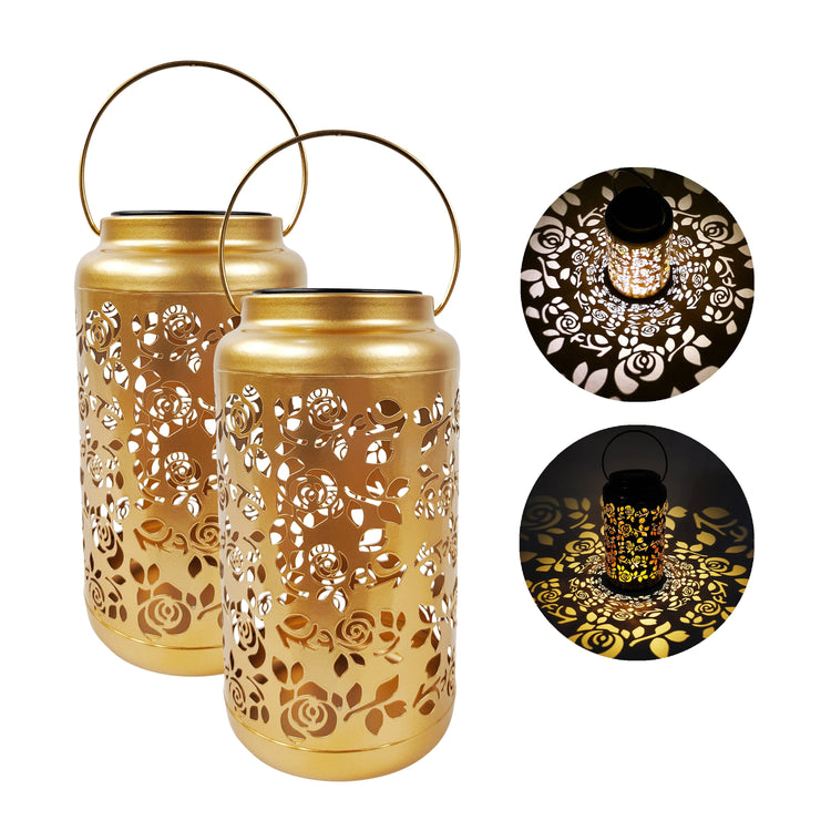 Bliss Outdoors set of 2 9-inch solar LED gold lanterns with circled images on the right showing the light pattern.