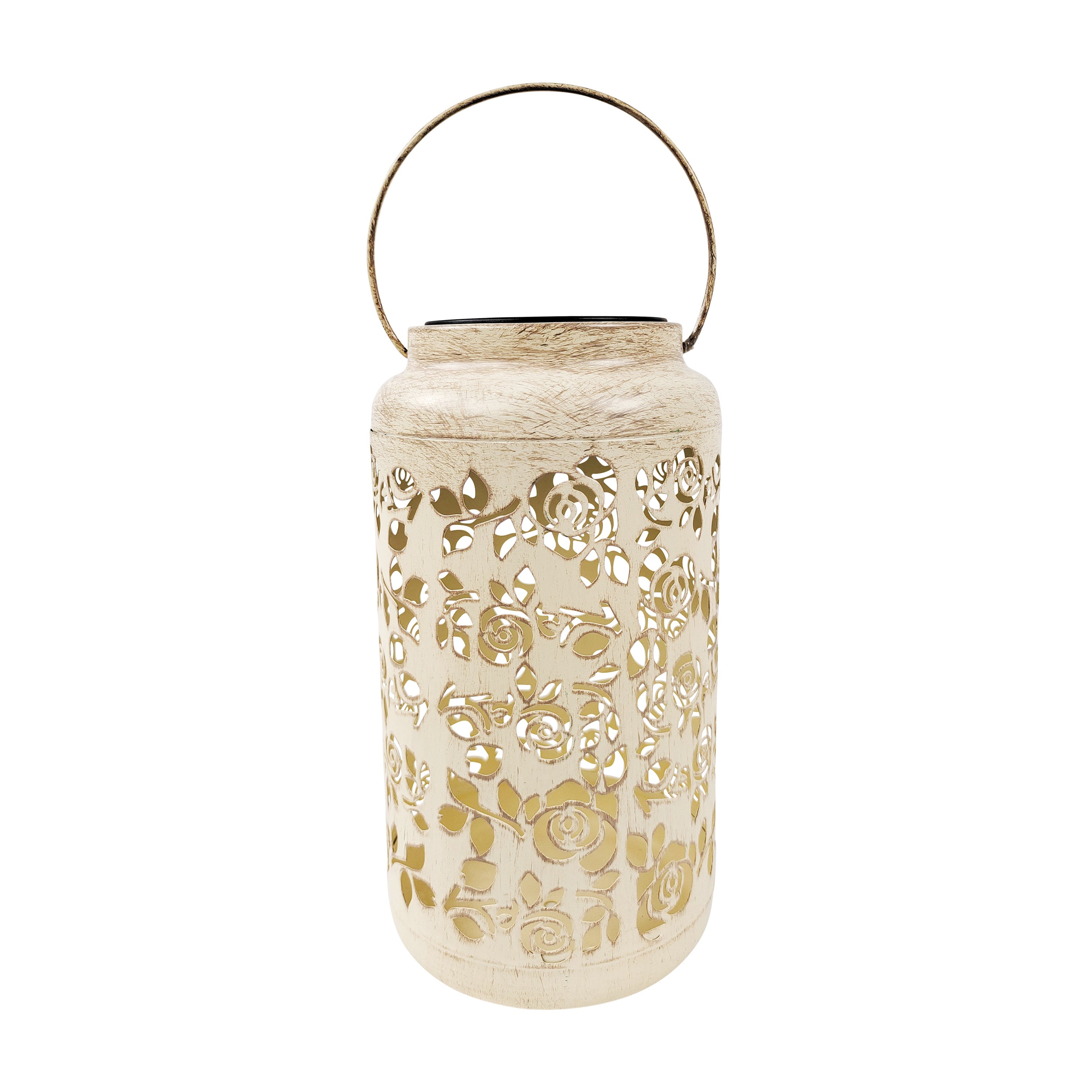 9-inch solar LED white lantern with rose design.