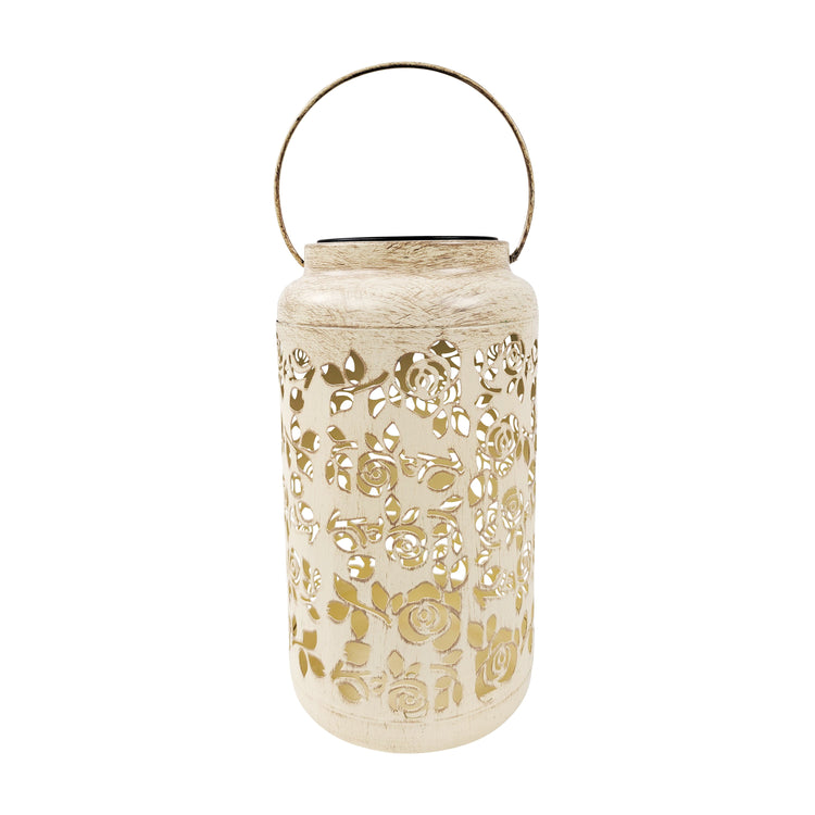 9-inch solar LED white lantern with rose design.