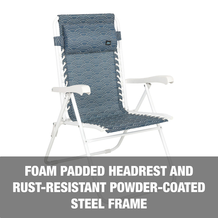 Foam padded headrest and reust-resistant powder coated steel frame.