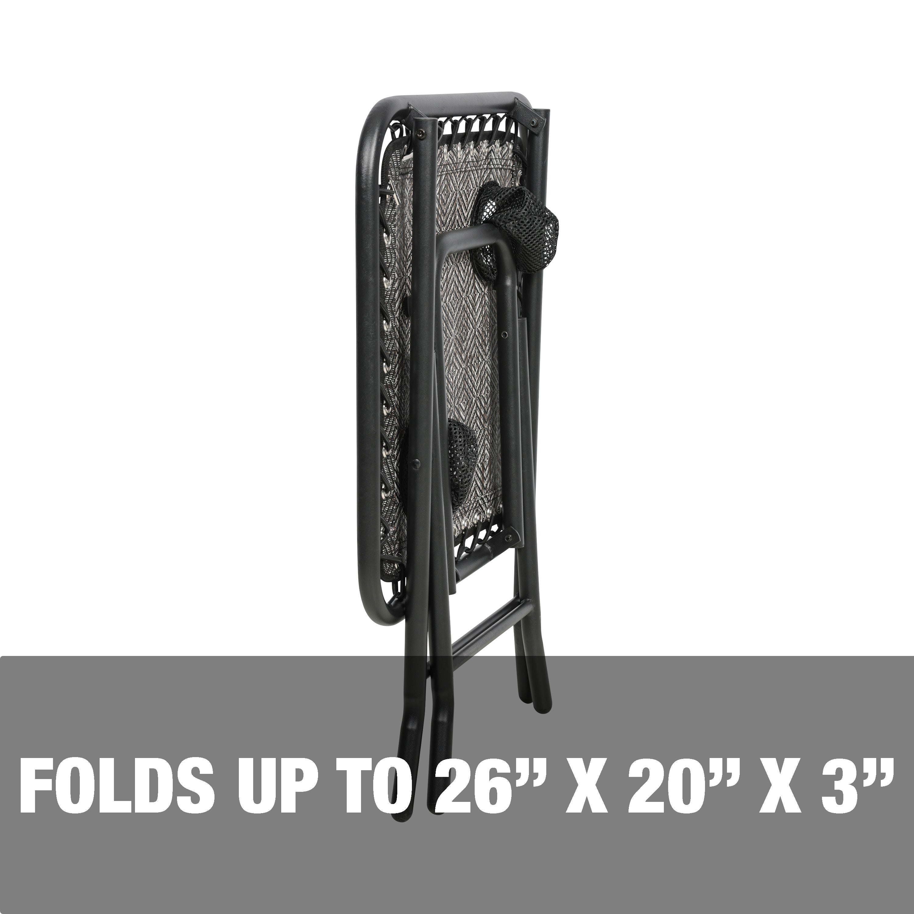 Folds up to a 26 inch height, 20 inch length, and 3 inch width.
