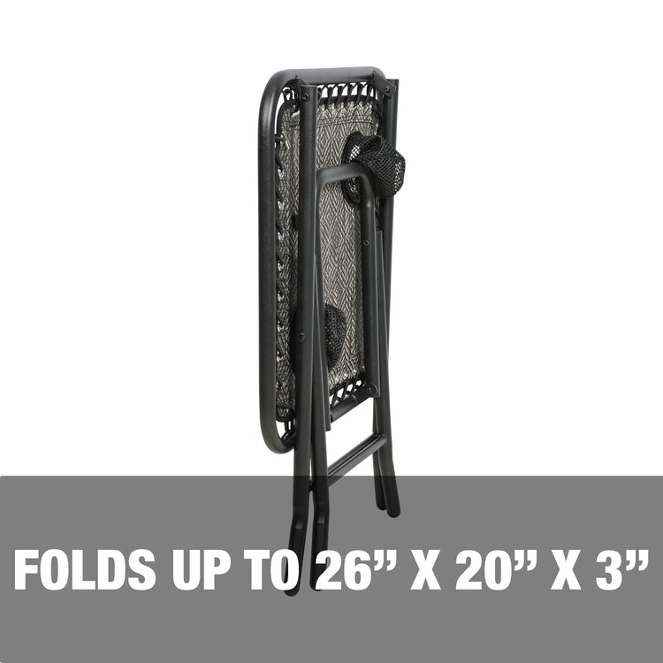 Folds up to a 26 inch height, 20 inch length, and 3 inch width.