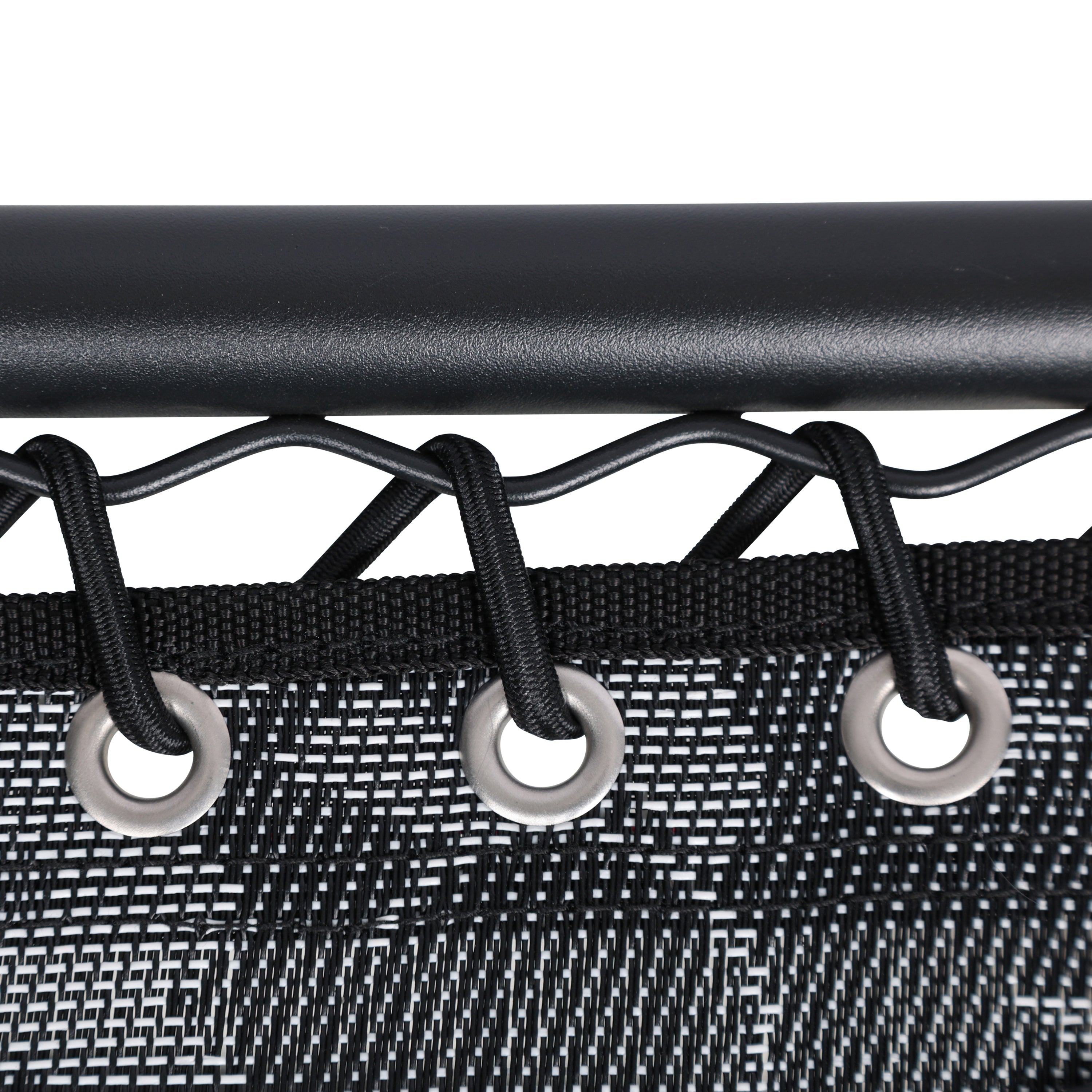 Close-up of the frame and bungees on the 20-inch platinum flower folding side table.