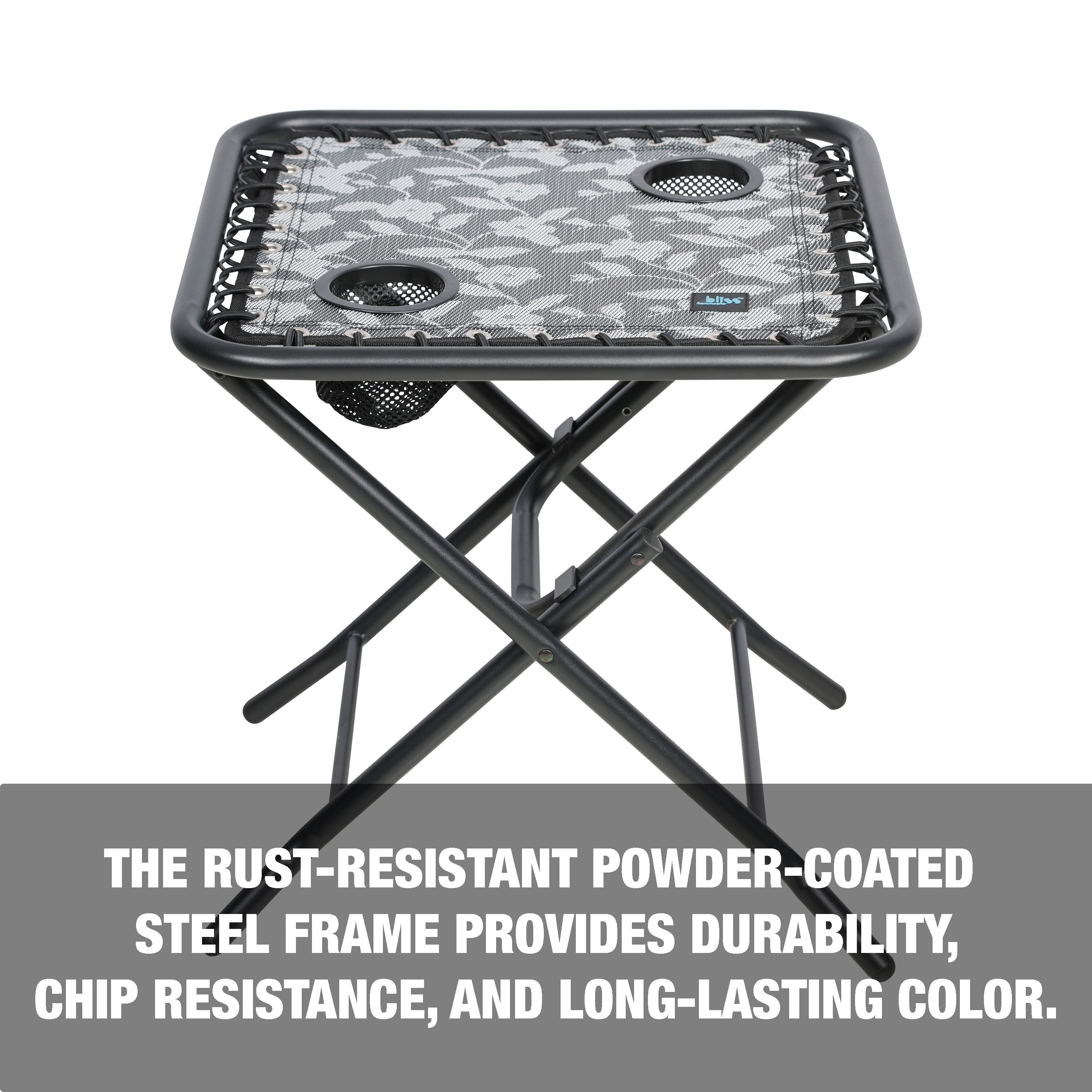 The rust-resistant powder-coated steel frame provides durability, chip resistance, and long-lasting color.