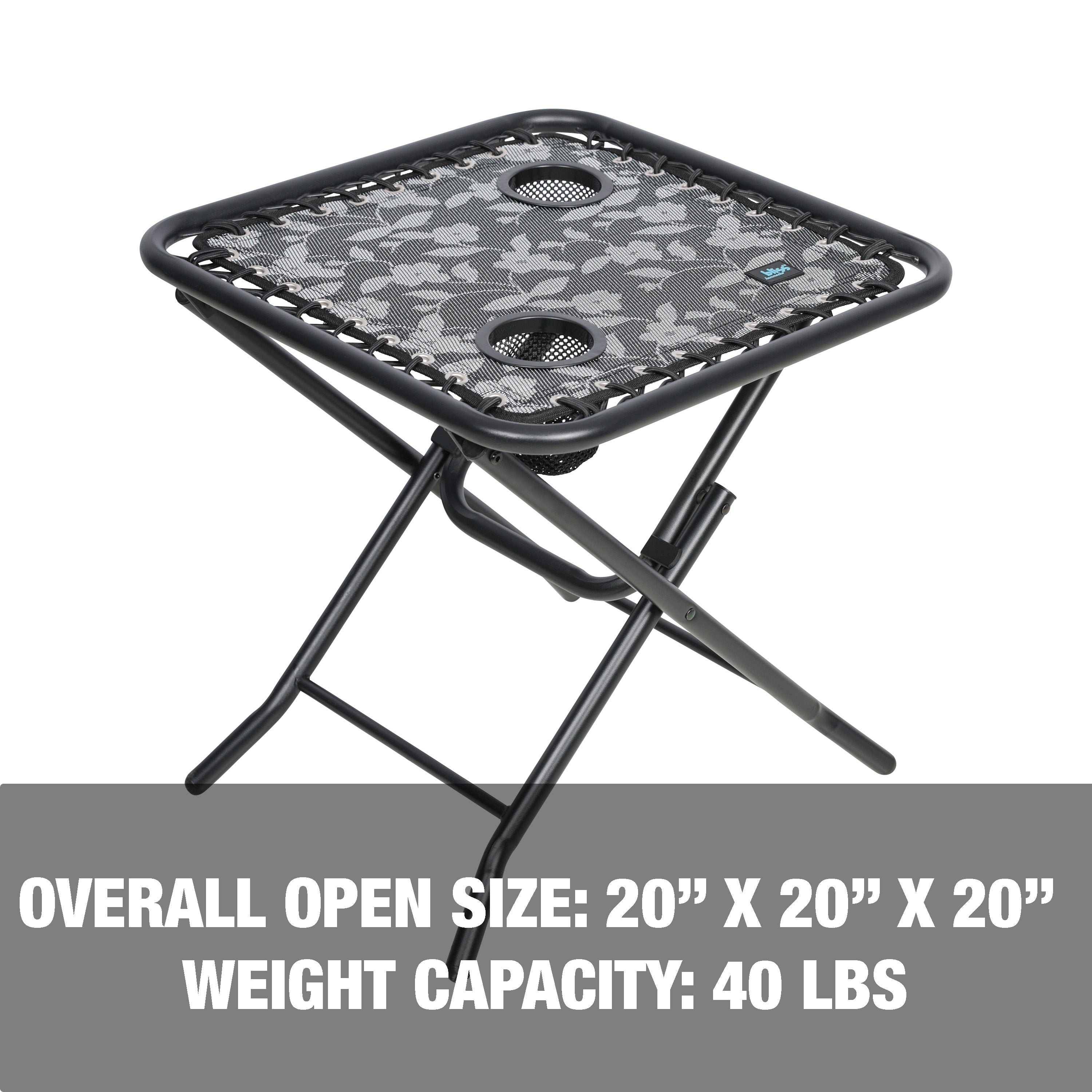 Overall open size: 20 by 20 by 20 inches, with a weight capacity of 40 pounds.