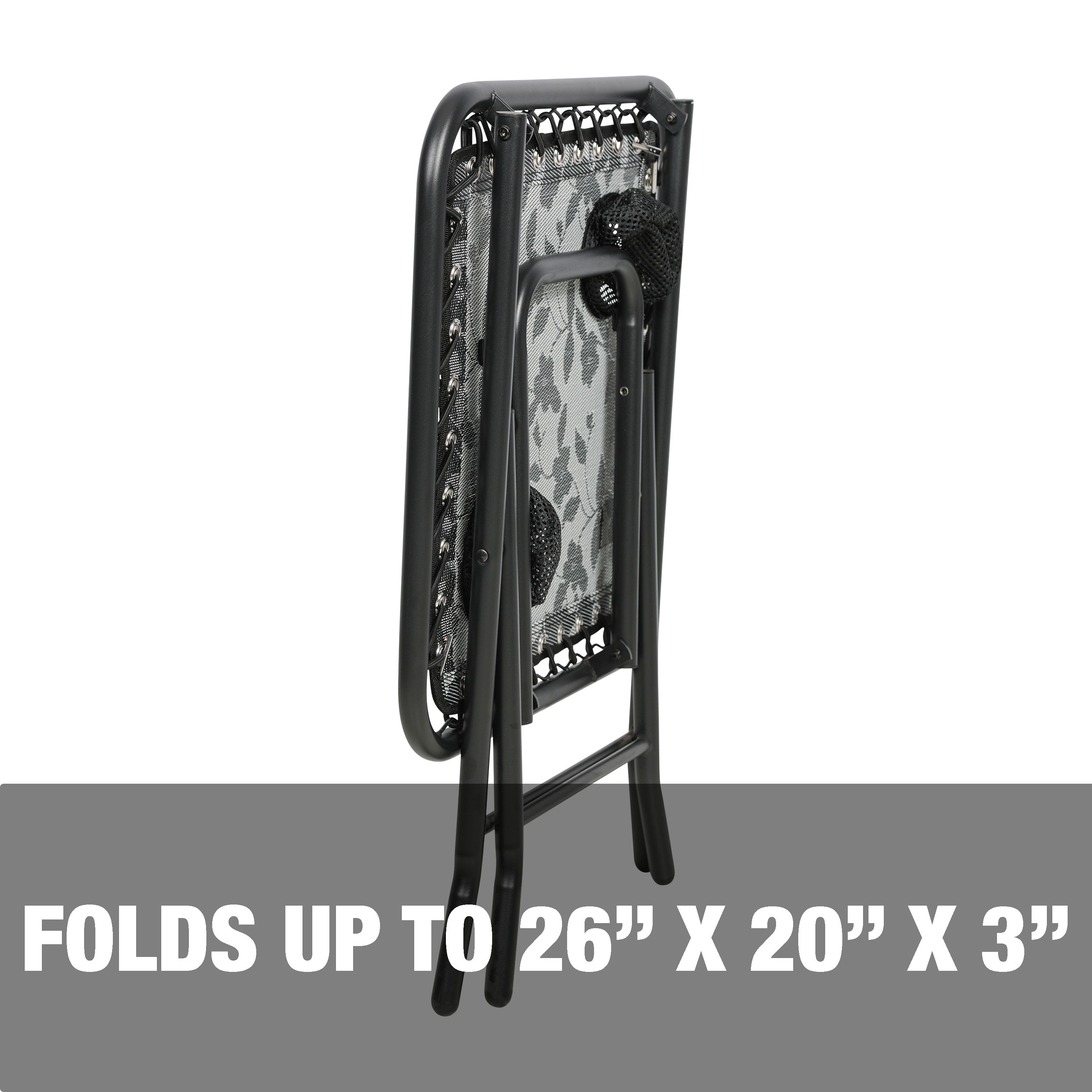 Folds up to a 26 inch height, 20 inch length, and 3 inch width.