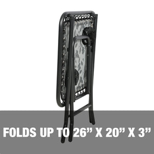 Folds up to a 26 inch height, 20 inch length, and 3 inch width.