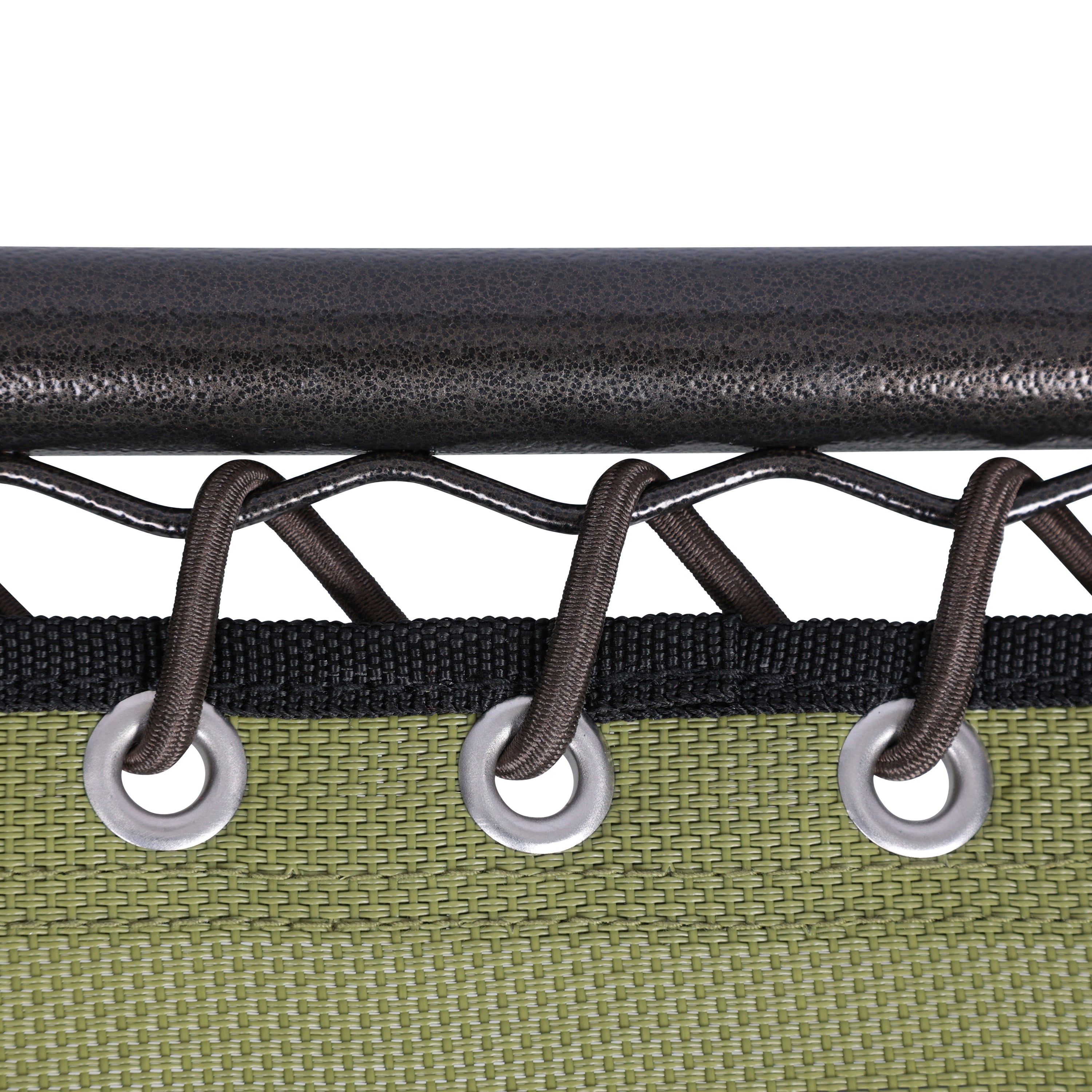 Close-up of the frame and bungees on the 20-inch sage green folding side table.