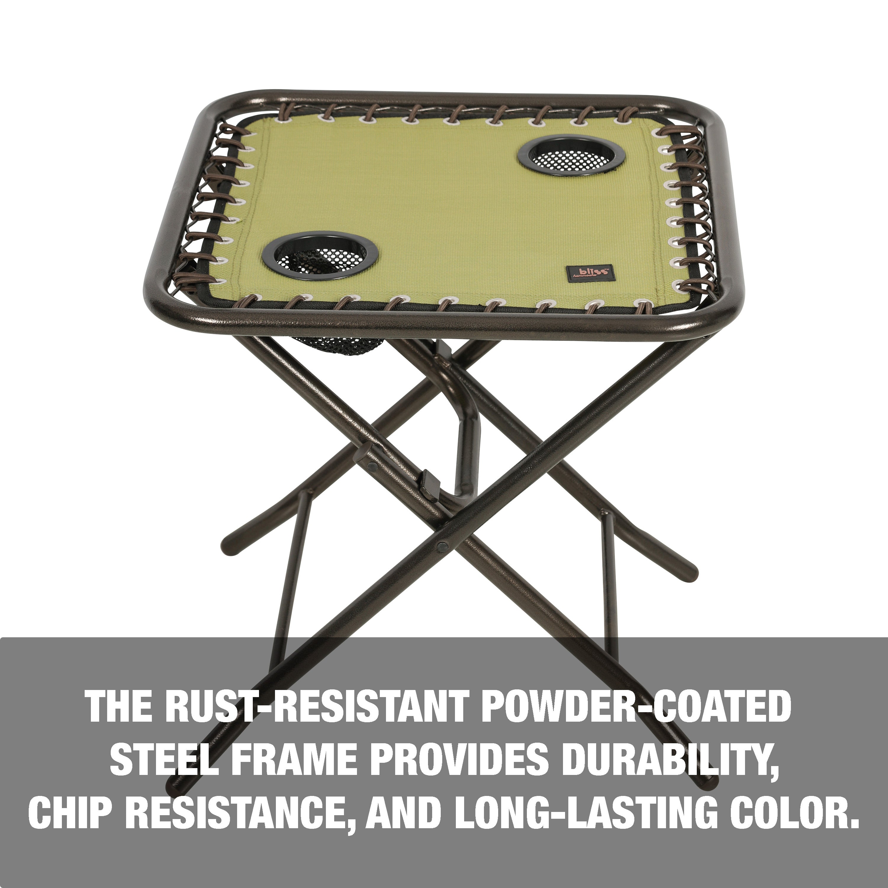 The rust-resistant powder-coated steel frame provides durability, chip resistance, and long-lasting color.
