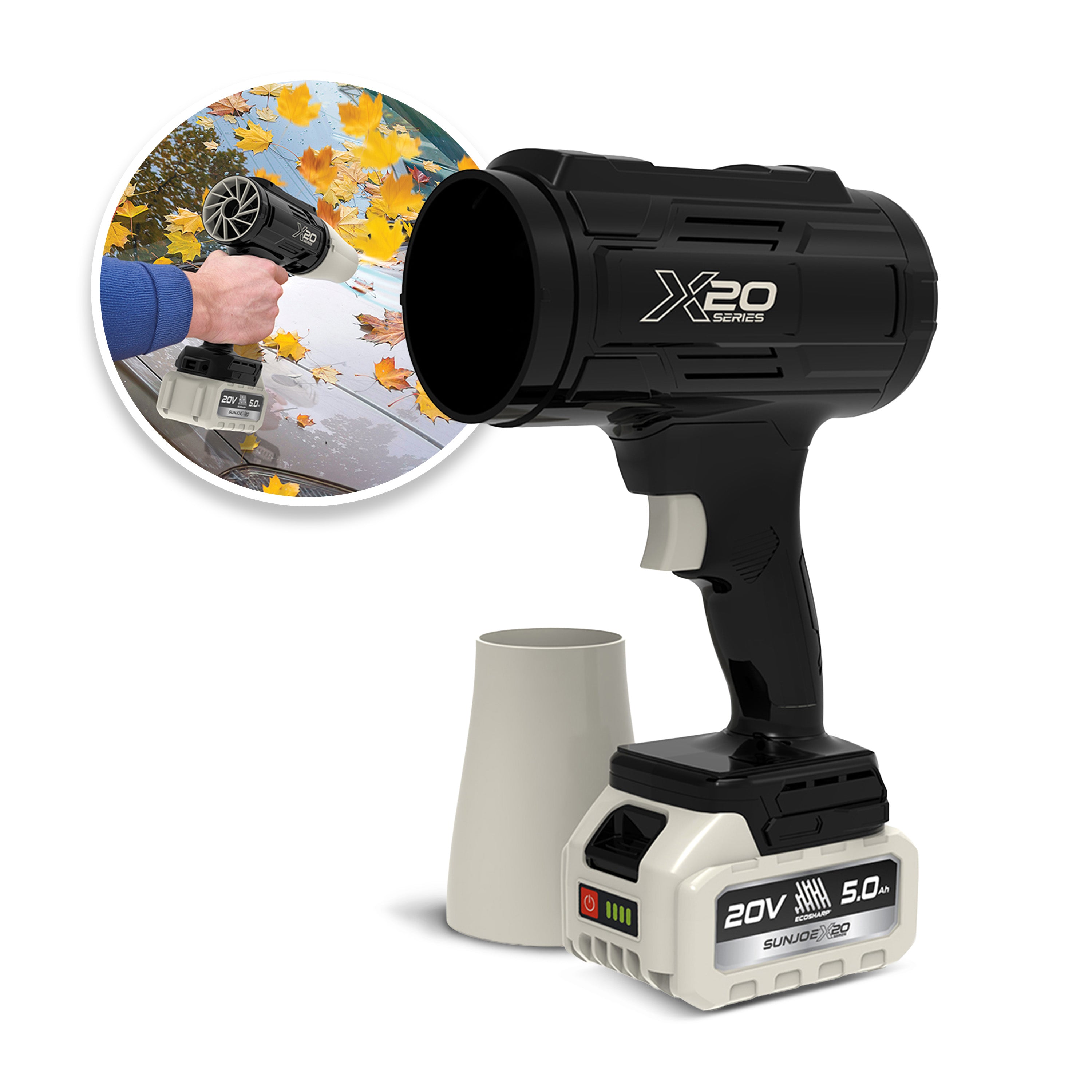 Sun Joe 20-Volt ECOSHARP Cordless X20 StormJet Handheld Turbo Blower  | 40 CFM | 5.0-Ah Battery + Charger (Black)