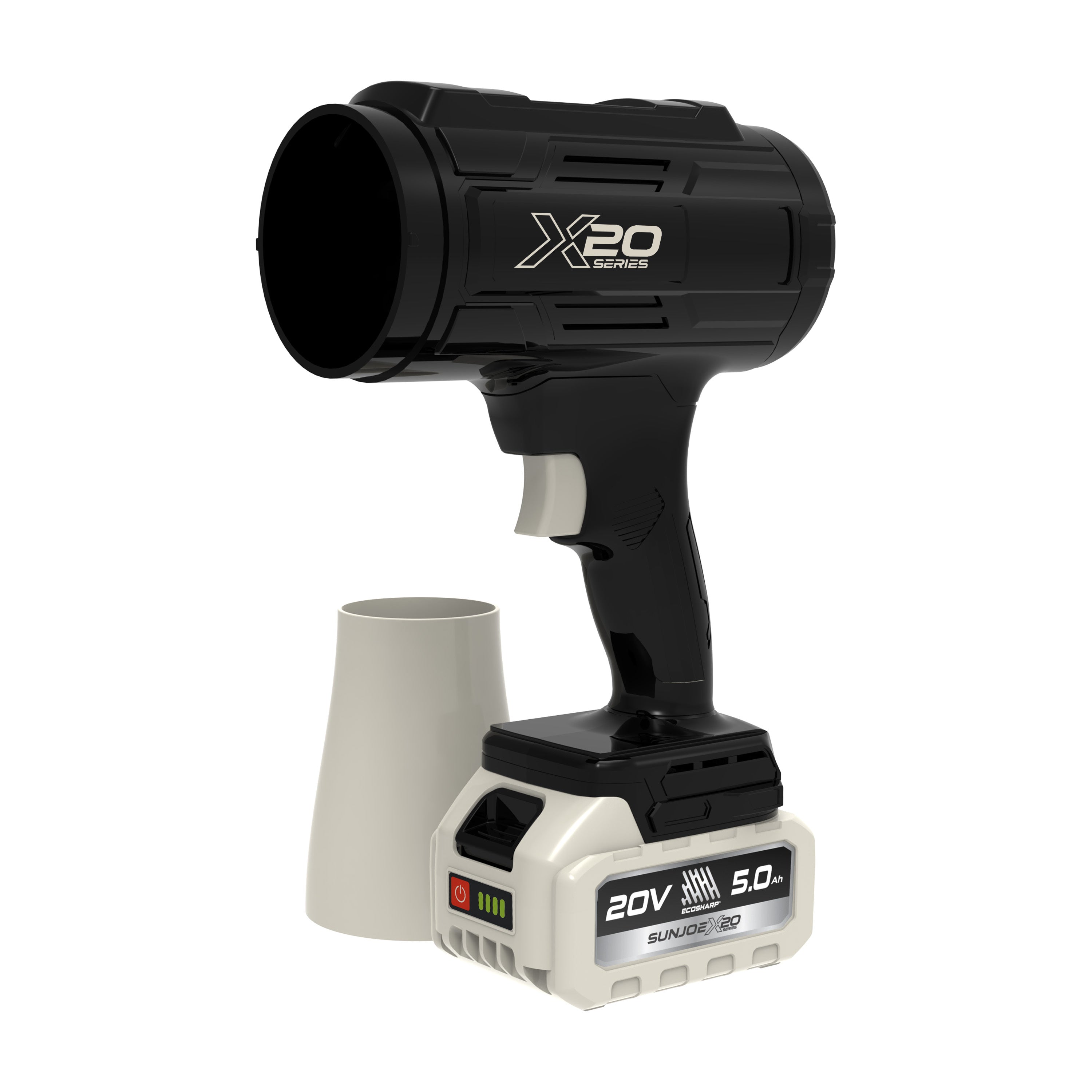 Sun Joe 20-Volt ECOSHARP Cordless X20 StormJet Handheld Turbo Blower  | 40 CFM | 5.0-Ah Battery + Charger (Black)