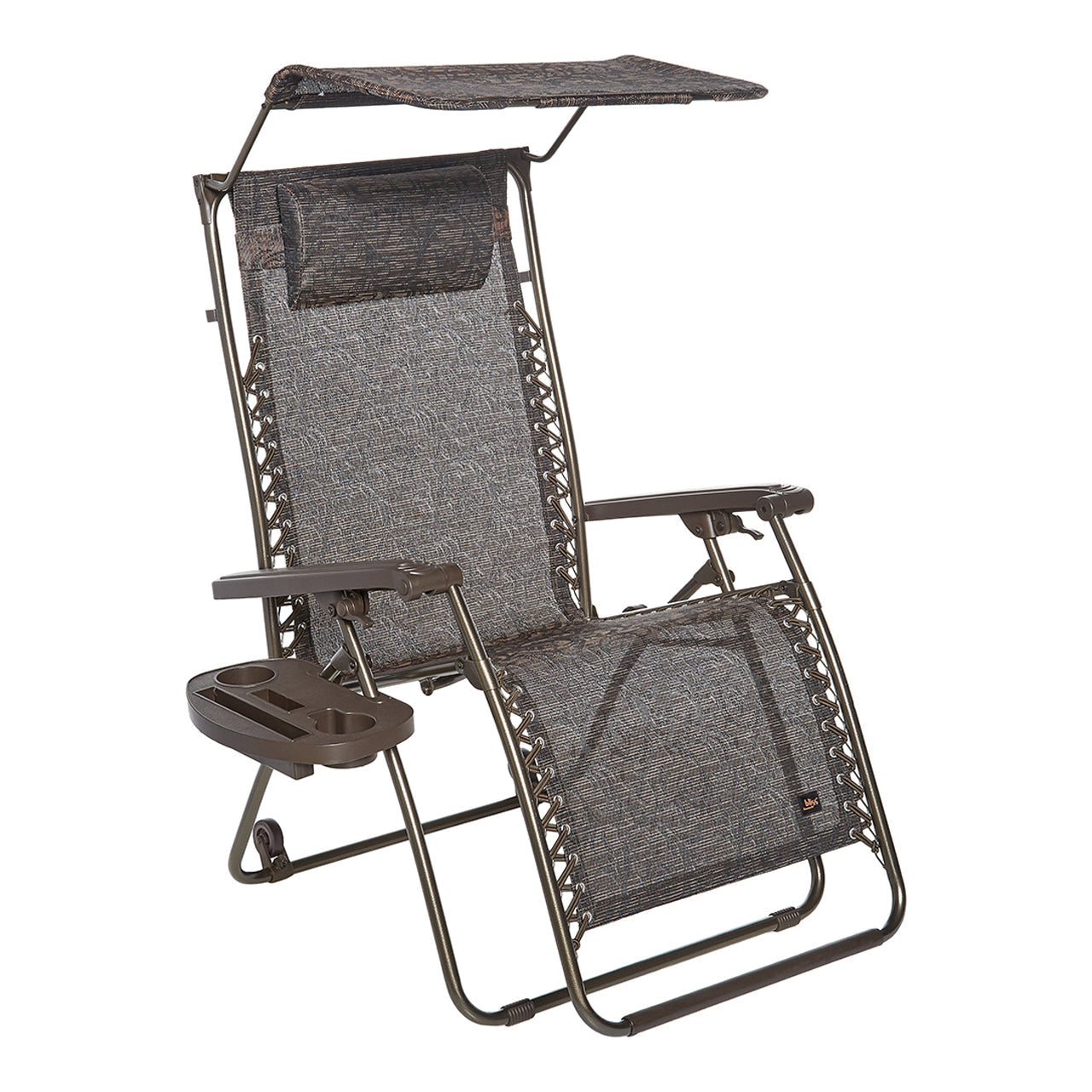 Set of 2 brown wheels attached to the back of the frame on the gravity free chair.