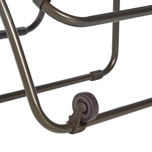 Close-up of the wheel attached to the bottom of the frame on the gravity free chair.