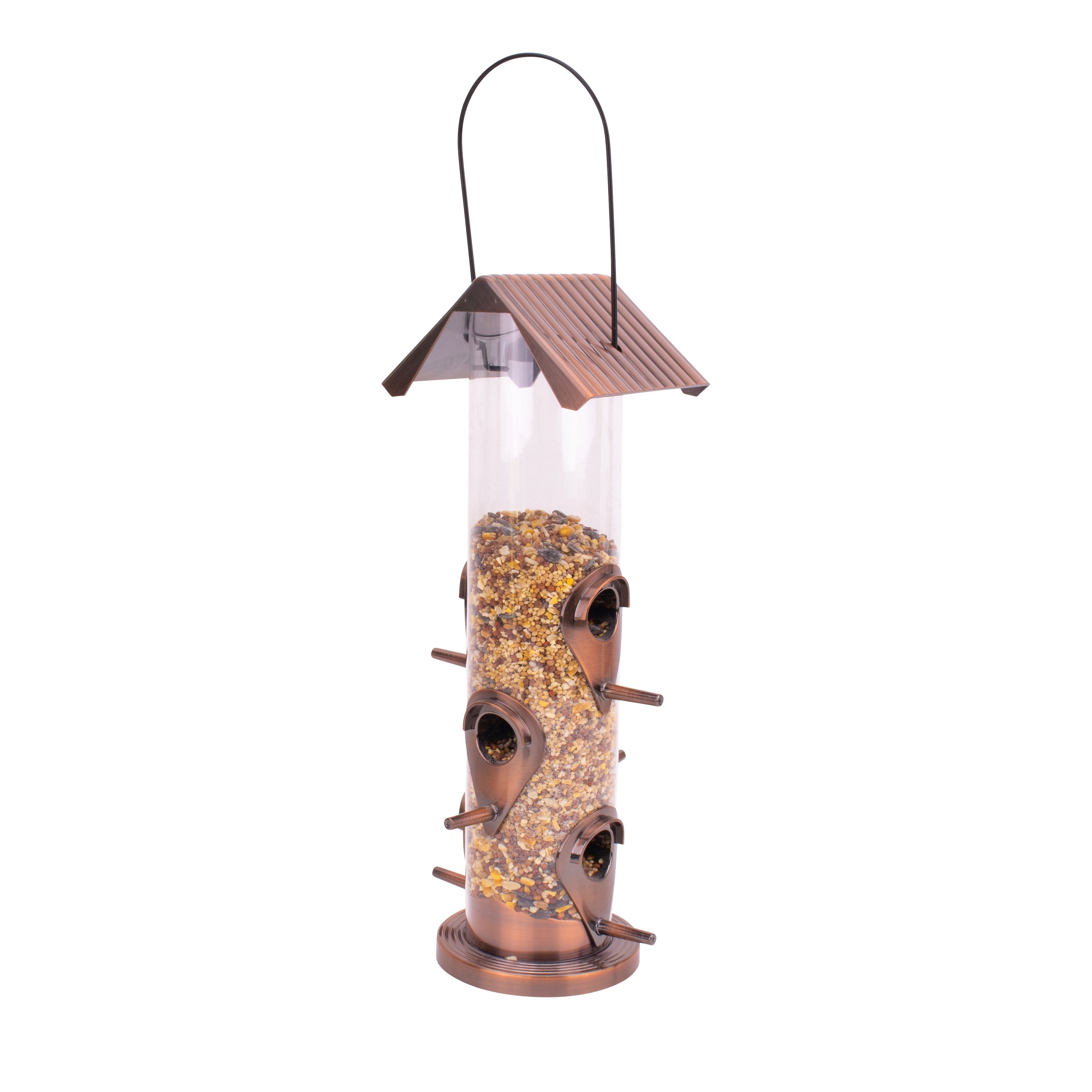 Bliss Outdoors 6-Port Bird Feeder filled with bird seed.