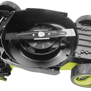Underside view of the Sun Joe 12-amp 13-inch Electric Lawn Mower.