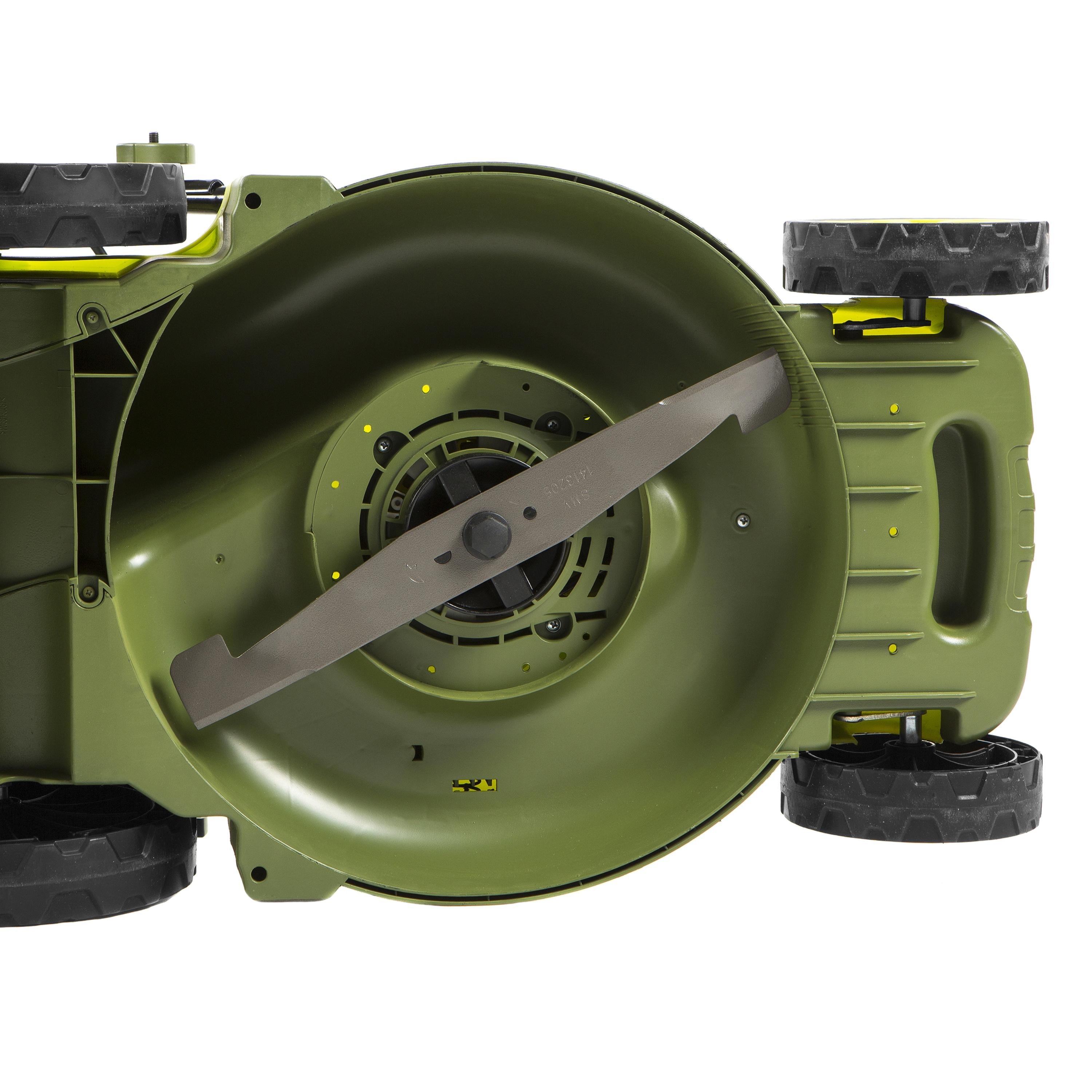Underside view of the Sun Joe 13-amp 17-inch Electric Lawn Mower and Mulcher.