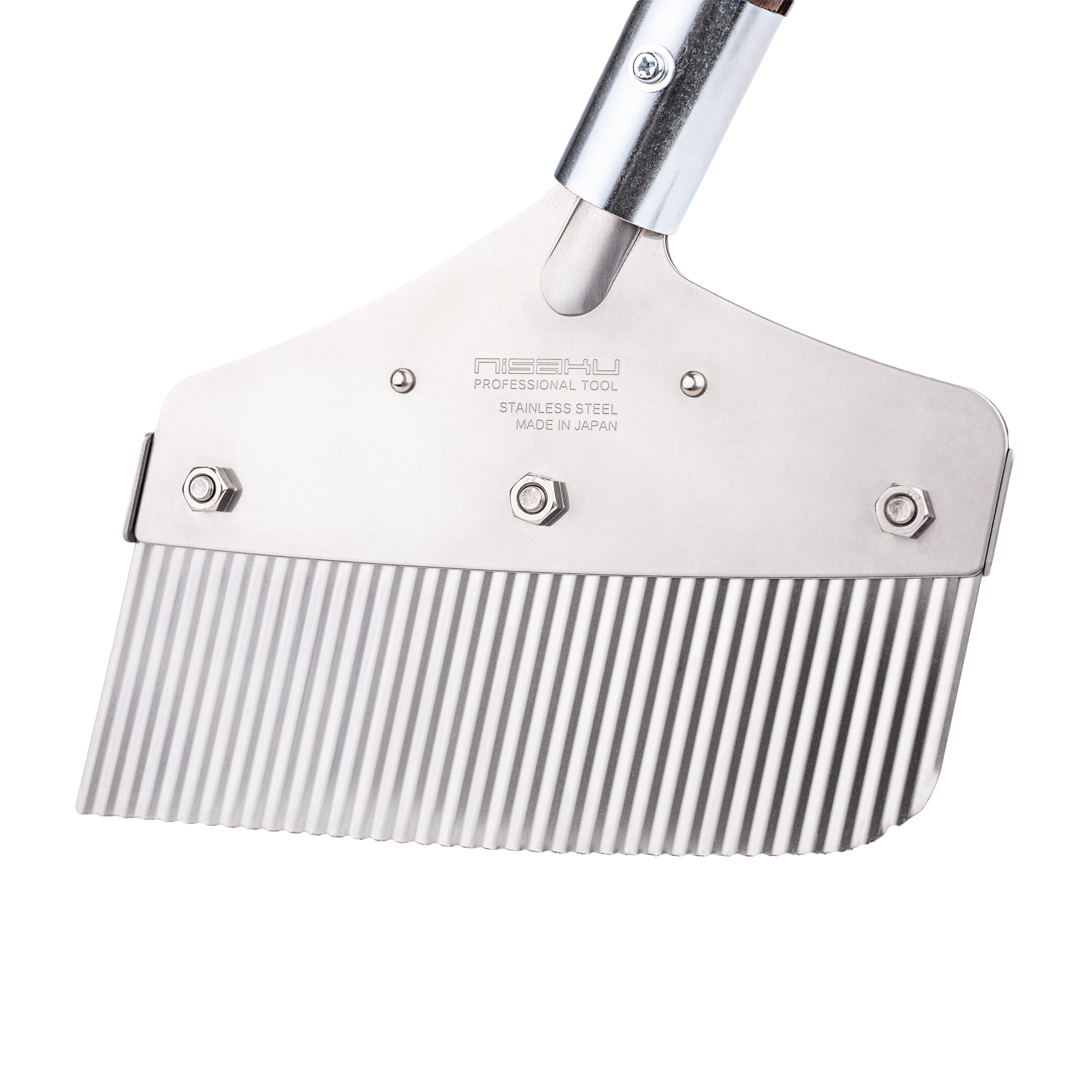 Close-up of the head on the Nisaku Zassou Burush Obake 7.25-inch Stainless Steel Weed Sweeper.