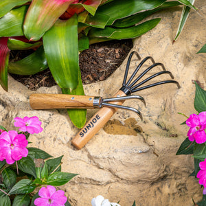 Nisaku Nekaki Nihondume Japanese Stainless Steel Double Claw Cultivator with a 5-prong cultivator.