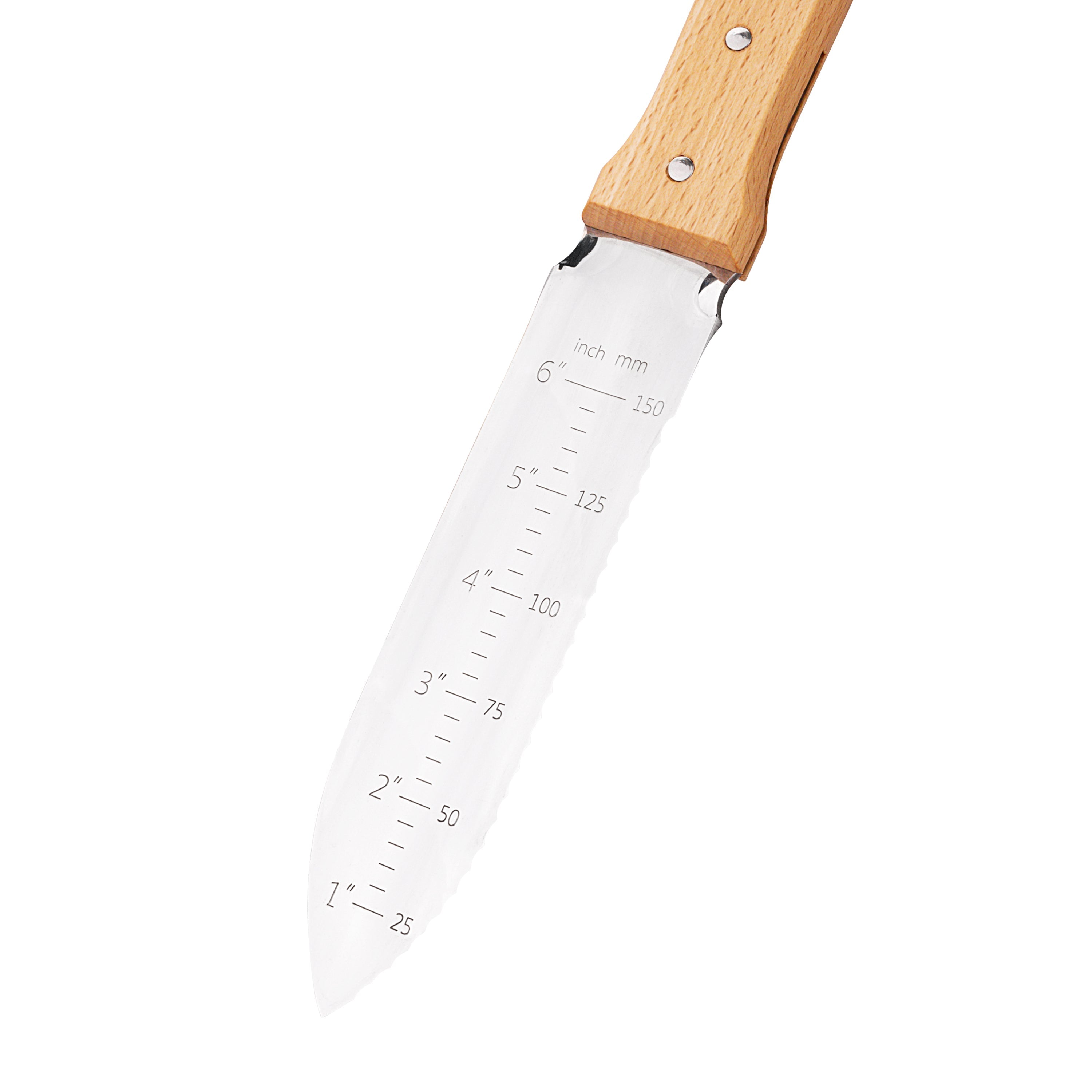 Close-up of the inch markings on the blade of the Nisaku Hori-Hori Namibagata Japanese Stainless Steel Weeding Knife.
