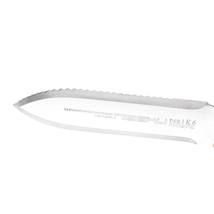 Close-up of the blade on the Nisaku Limited Edition Stainless Steel Weeding Knife with a 7.25-inch blade and inch markings.