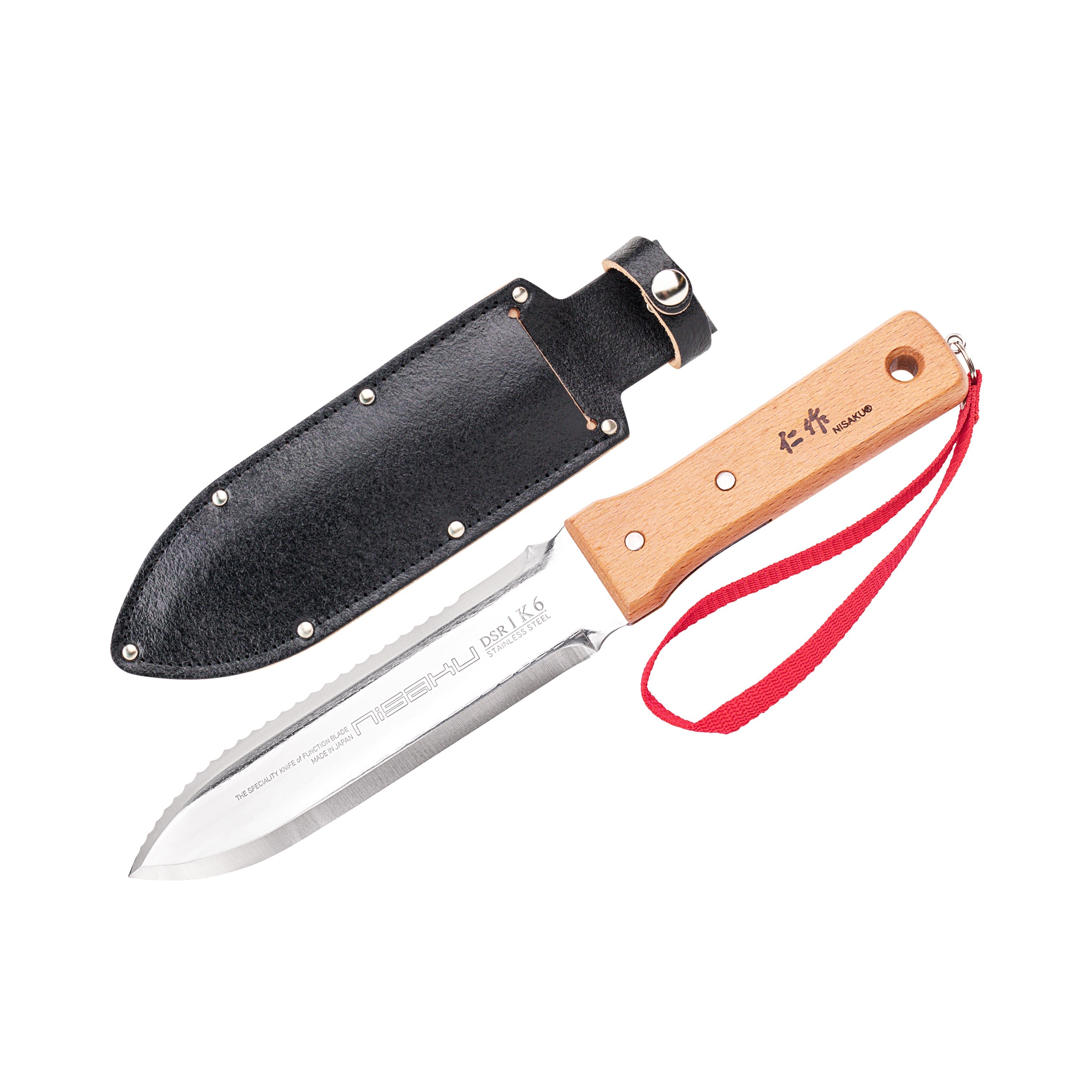 Nisaku Limited Edition Stainless Steel Weeding Knife with a 7.25-inch blade and inch markings and blade sheath.