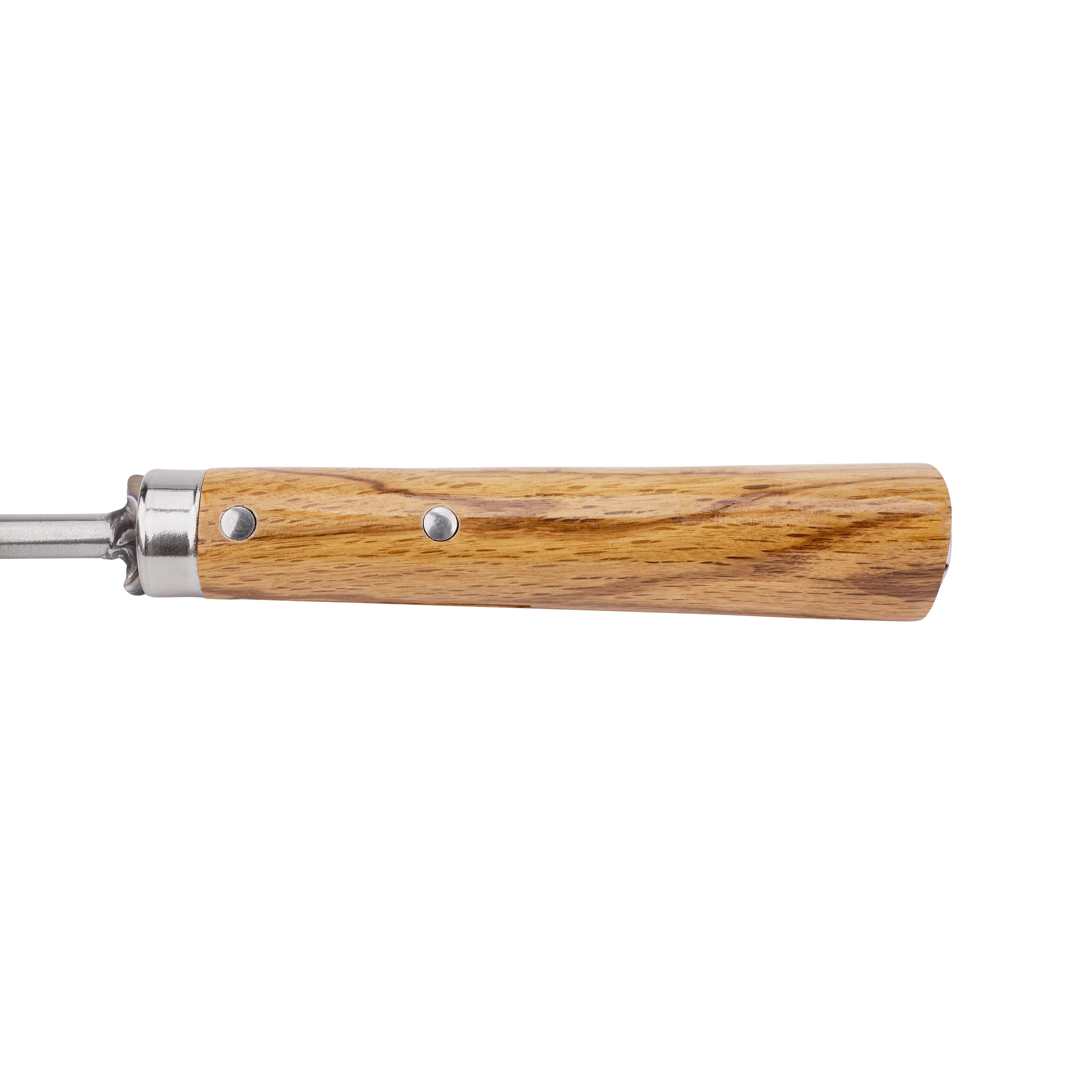 Close-up of the handle on the Nisaku Nekaki Ippondume Japanese Stainless Steel Single Claw Cultivator.