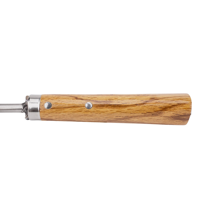 Close-up of the handle on the Nisaku Nekaki Ippondume Japanese Stainless Steel Single Claw Cultivator.