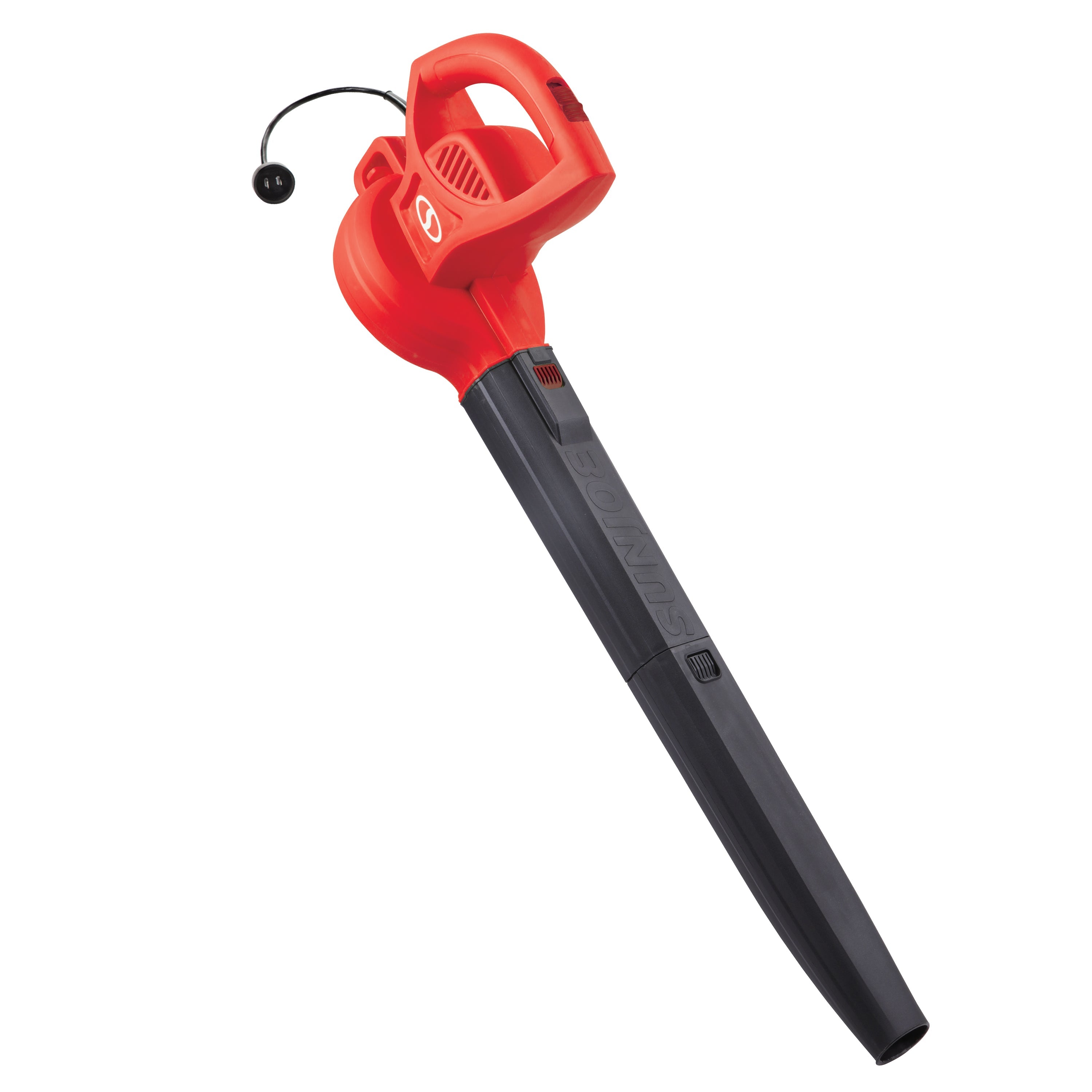 Angled view of the Sun Joe 6-amp red-colored All-Purpose Electric Blower.