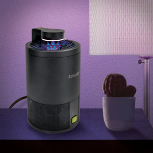 Sun Joe black non-toxic UV Indoor Insect Trap on a side table next to a cactus with the UV light creating a purple hue around it.