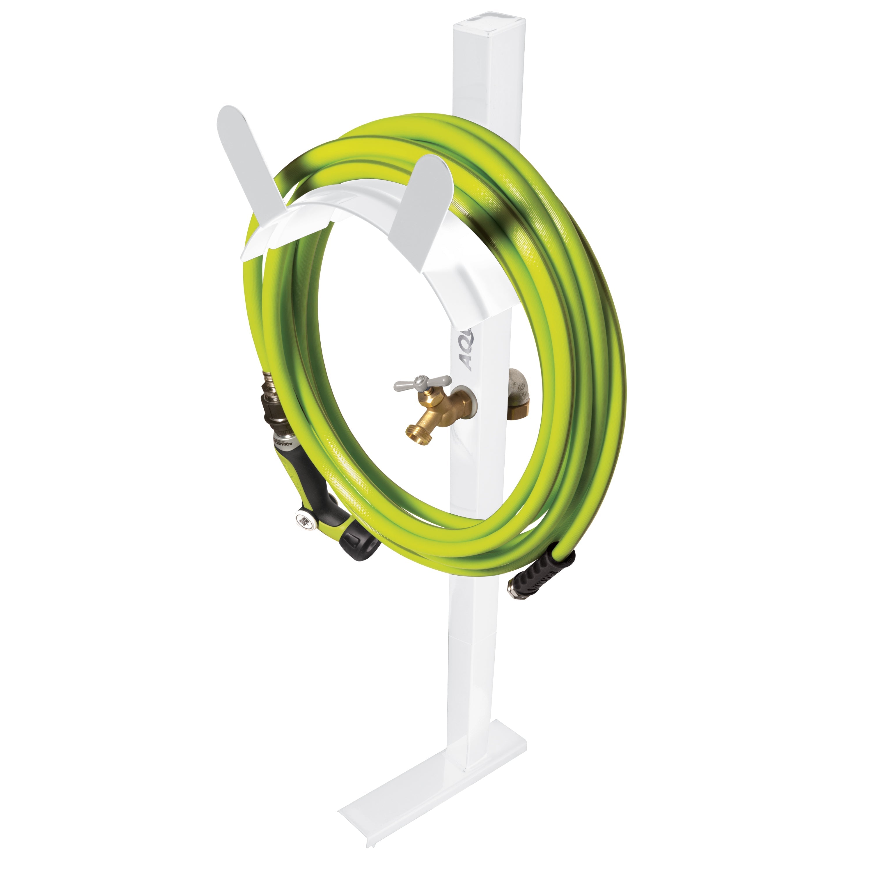 Aqua Joe White Garden Hose Stand with Brass Faucet holding a garden hose.