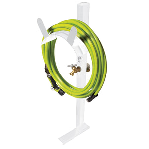 Aqua Joe White Garden Hose Stand with Brass Faucet holding a garden hose.