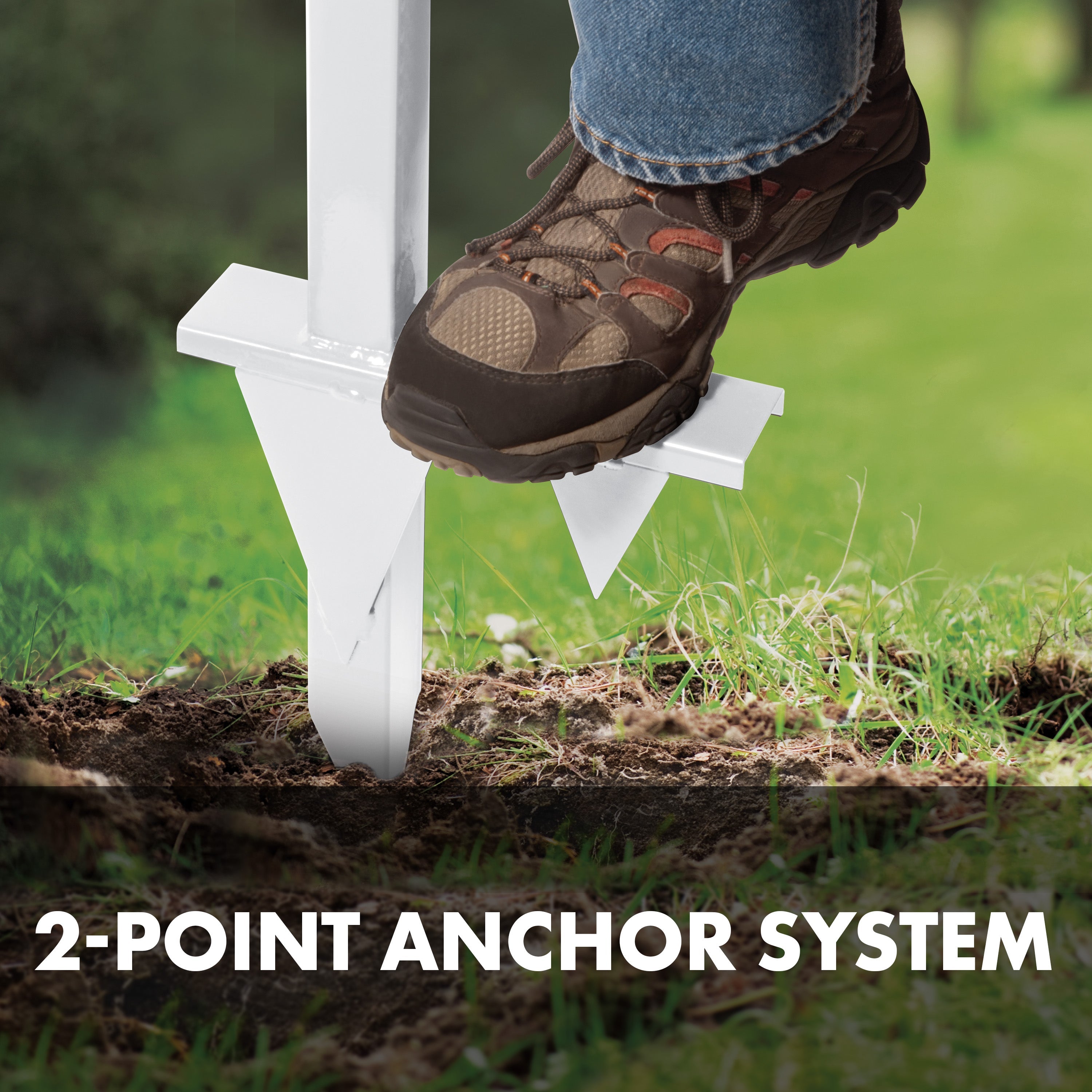 2-point anhcor system of aqua joe hose stand being driven into the ground