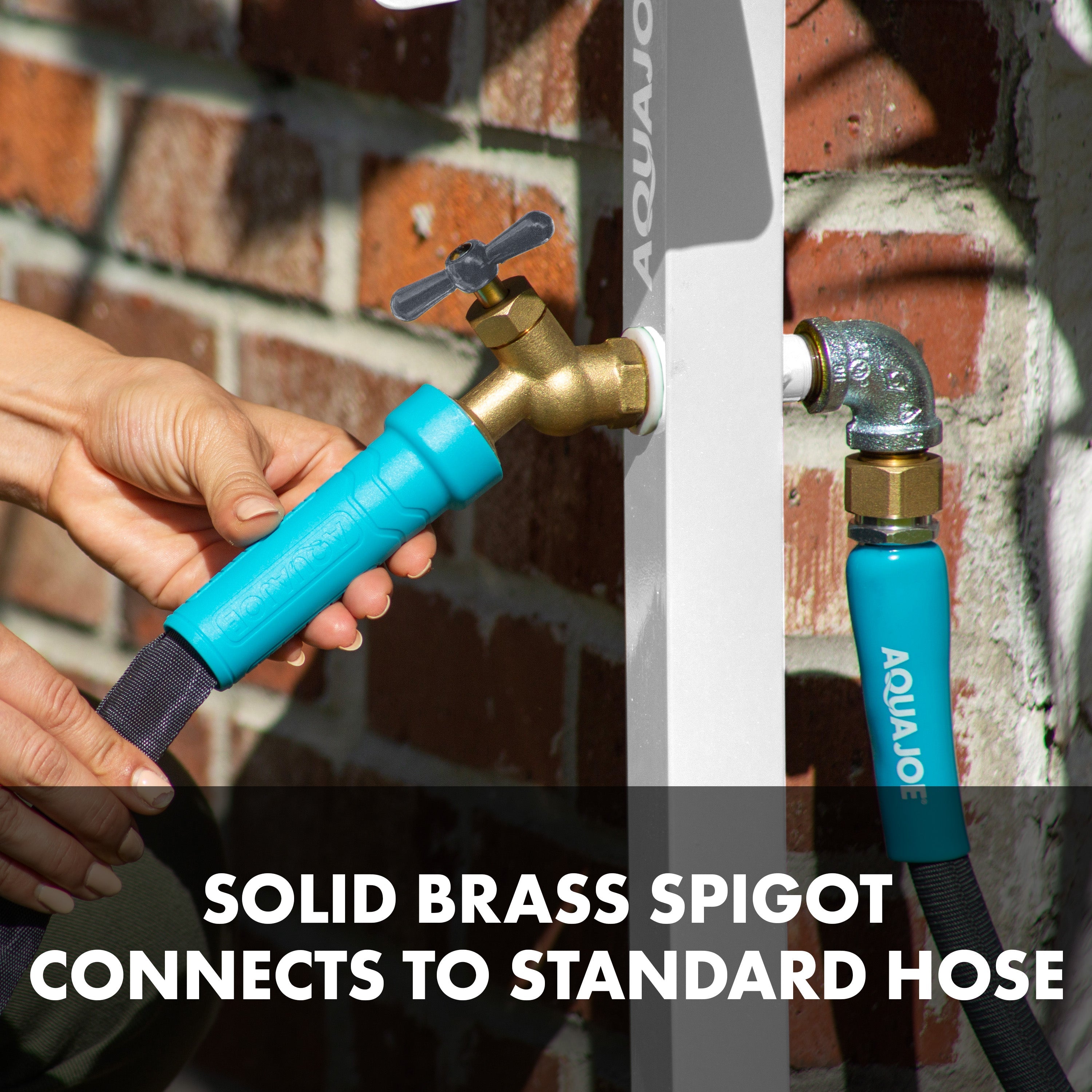 solid brass connectiosn of aqua joe hose stand