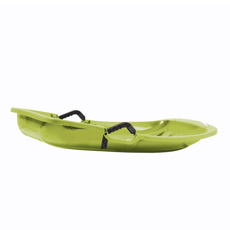 Side view of the Snow Joe 34-inch green-colored kids snow sled.