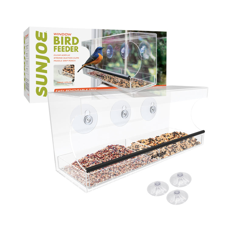 Sun Joe Outdoor Window Bird Feeder with packaging.