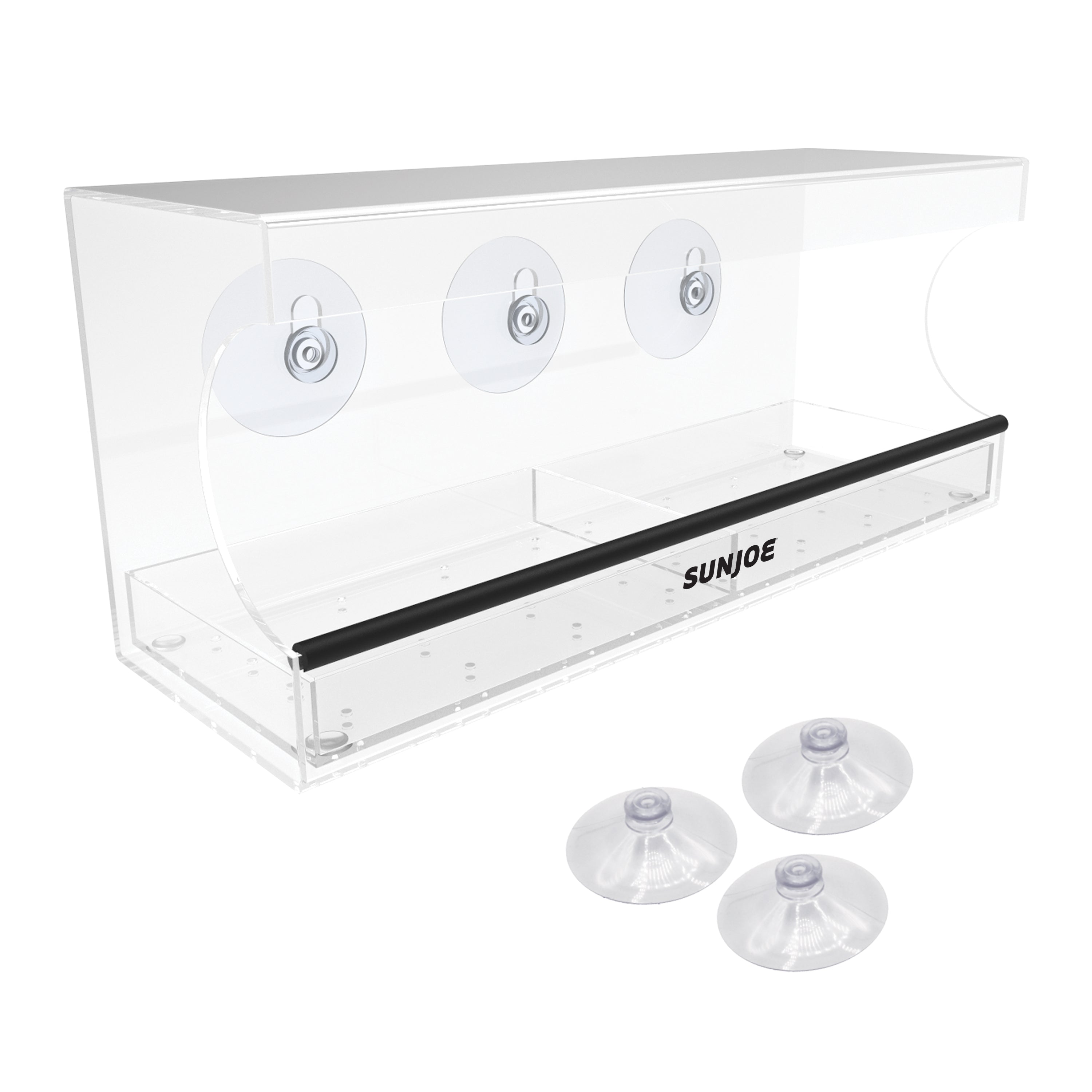 Sun Joe Outdoor Window Bird Feeder with the 3 suction cups in front of it.