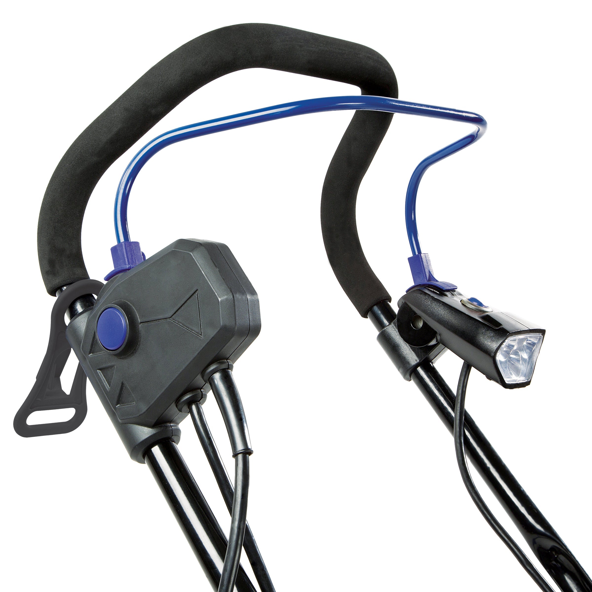Close-up of the handle, start lever, safety lock button, and switch box on the Snow Joe 14.5-amp 18-inch electric single-stage snow blower.