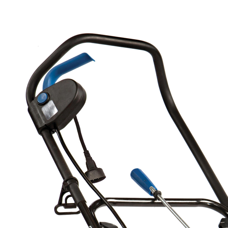 Close-up of the handle and start button on the Snow Joe 15-amp 18-inch electric single-stage snow thrower.
