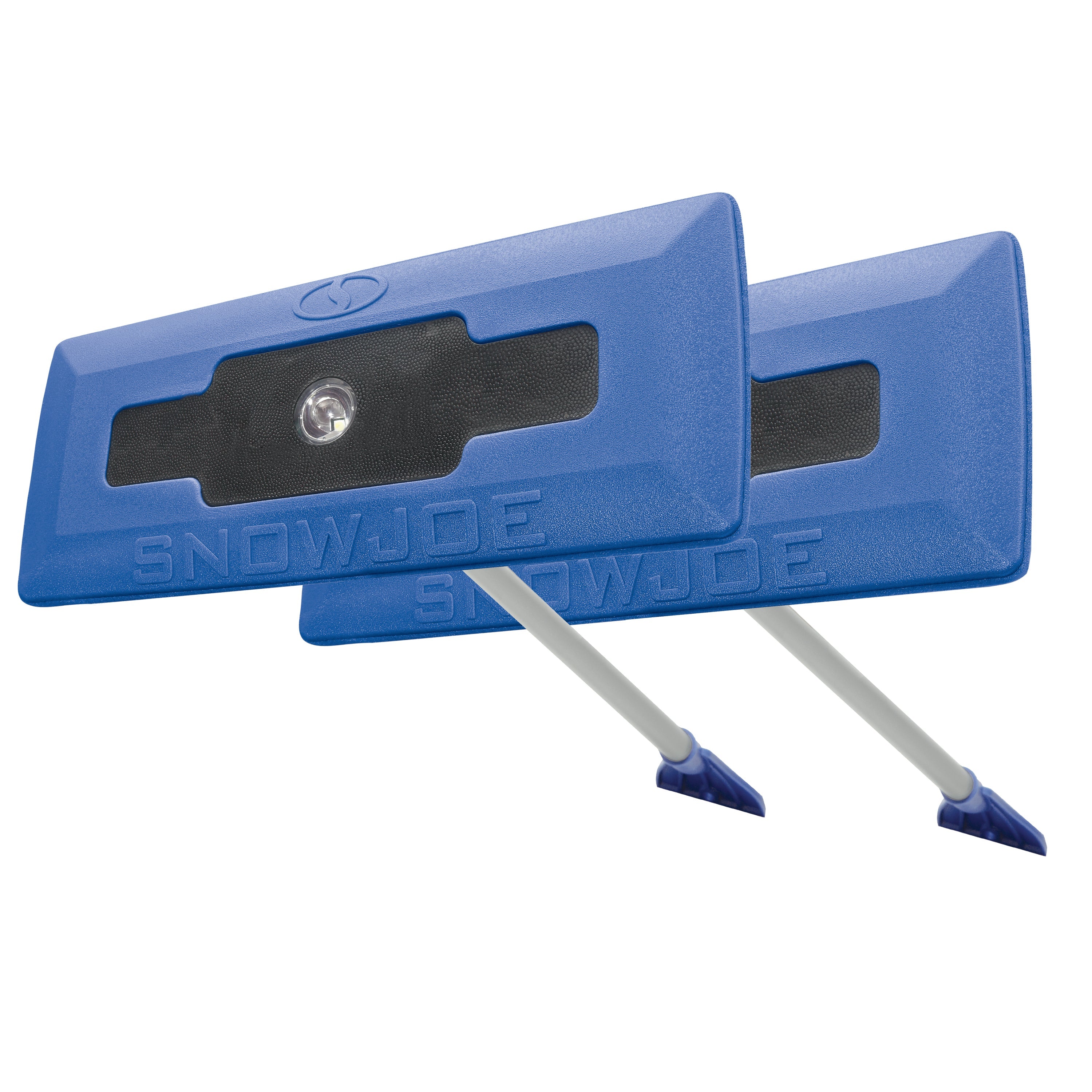 Snow Joe 2-pack of 4-in-1 telescoping blue-colored snow broom and ice scraper with LED light.